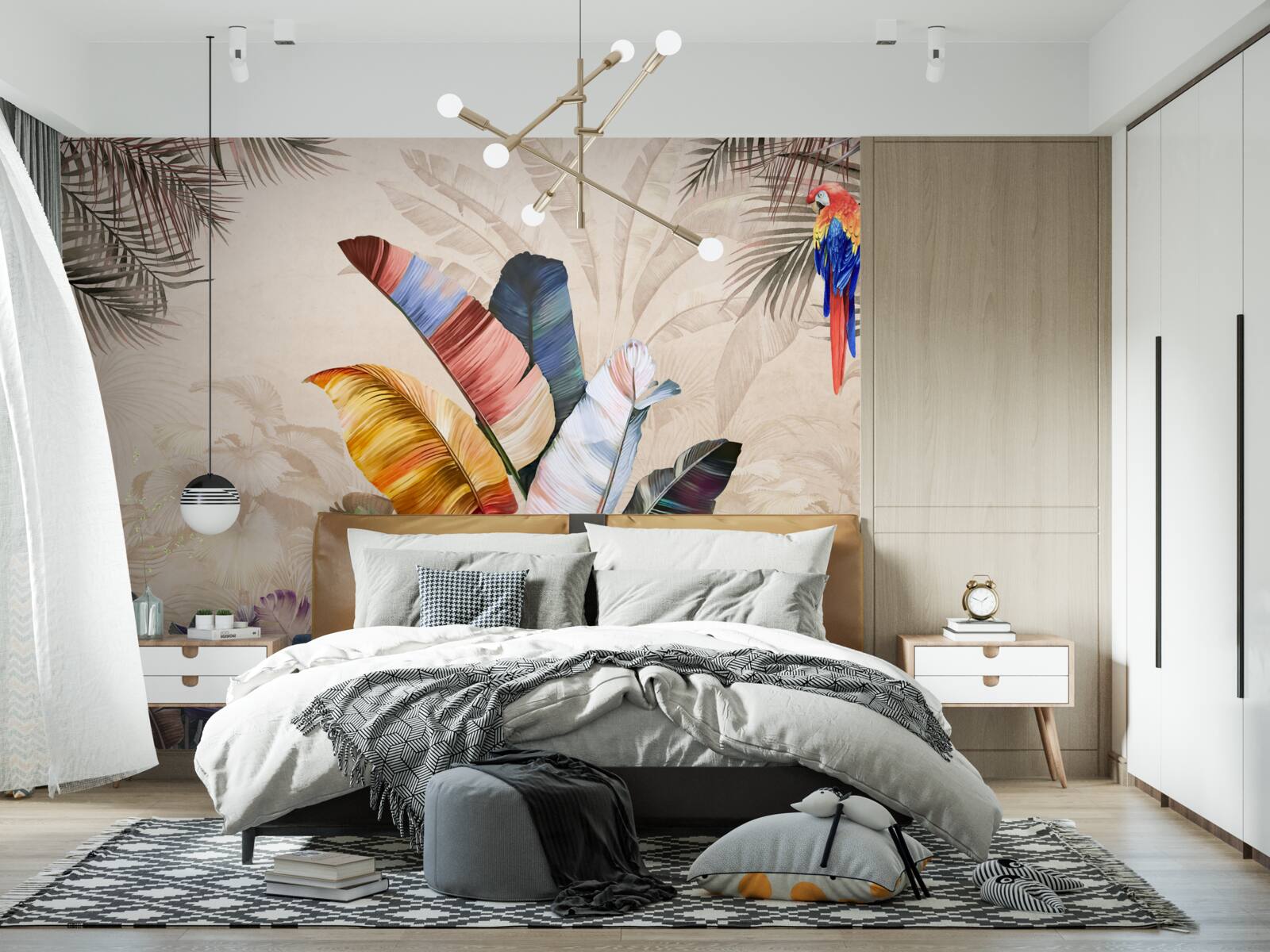 Fototapeta tropické listy v sýtych farbách a papuľka