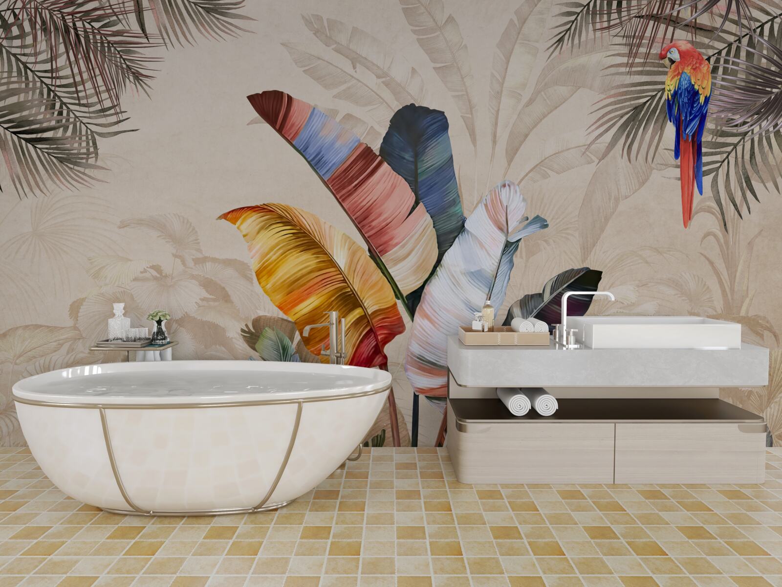 Fototapeta tropické listy v sýtych farbách a papuľka