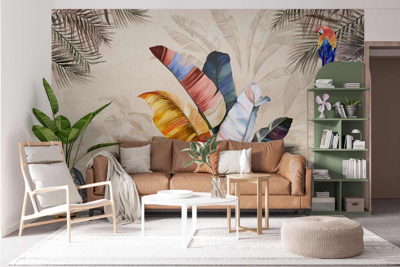 Fototapeta tropické listy v sýtych farbách a papuľka