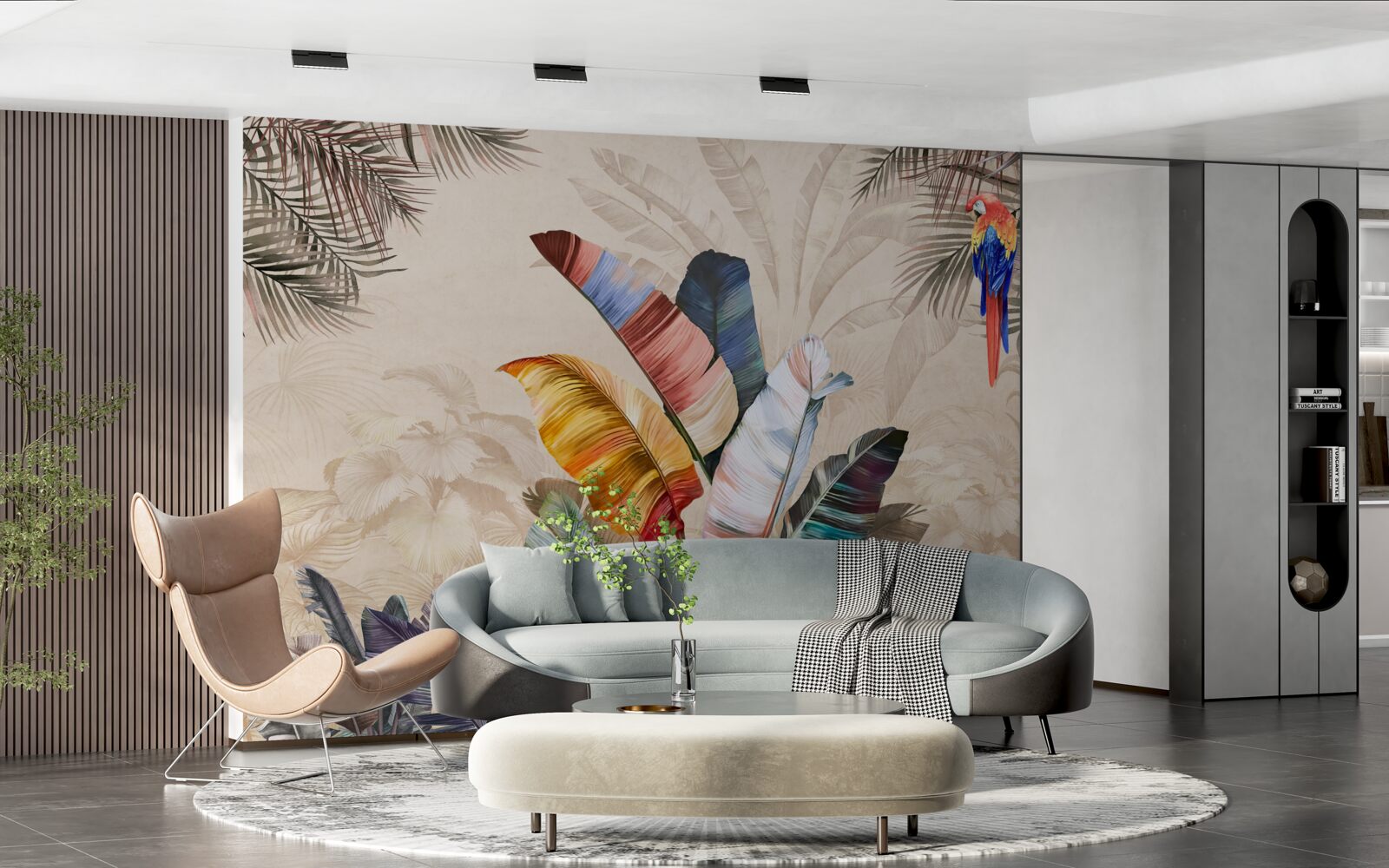 Fototapeta tropické listy v sýtych farbách a papuľka