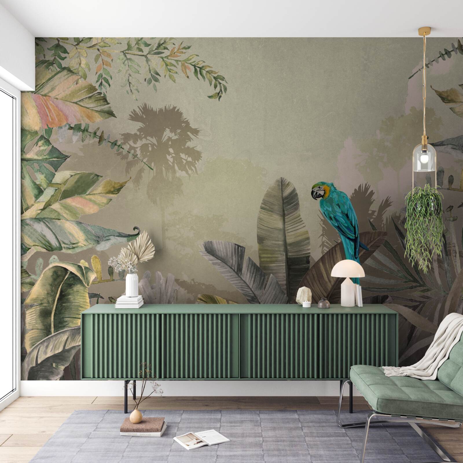 Fototapeta svetlý papagáj medzi tropickou zeleňou