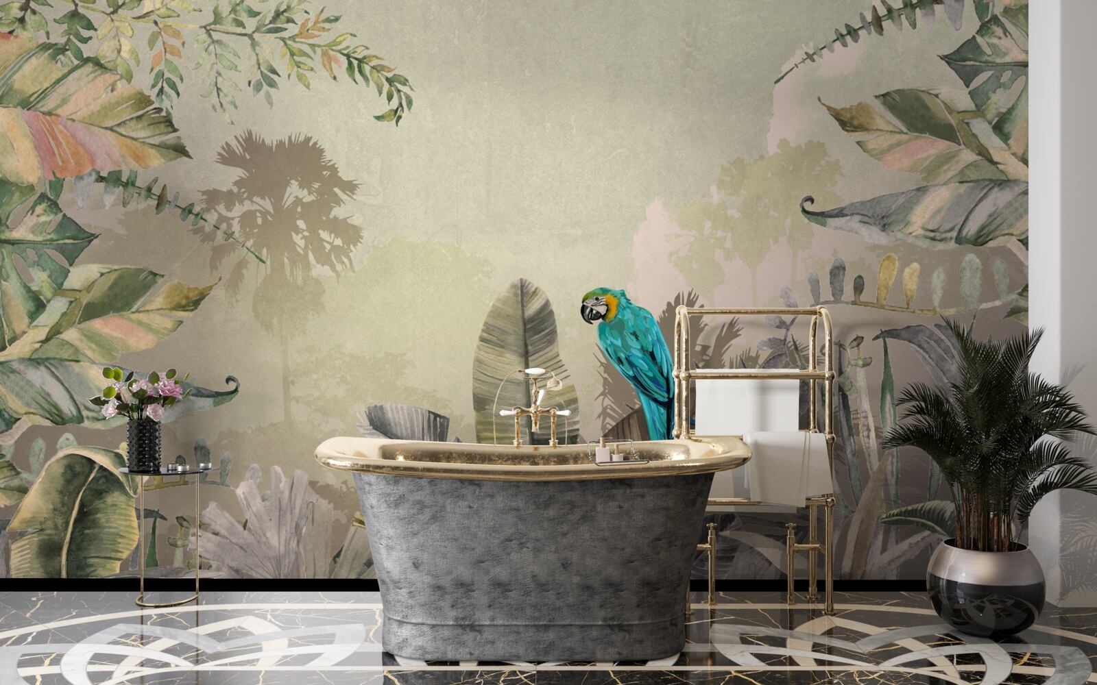 Fototapeta svetlý papagáj medzi tropickou zeleňou