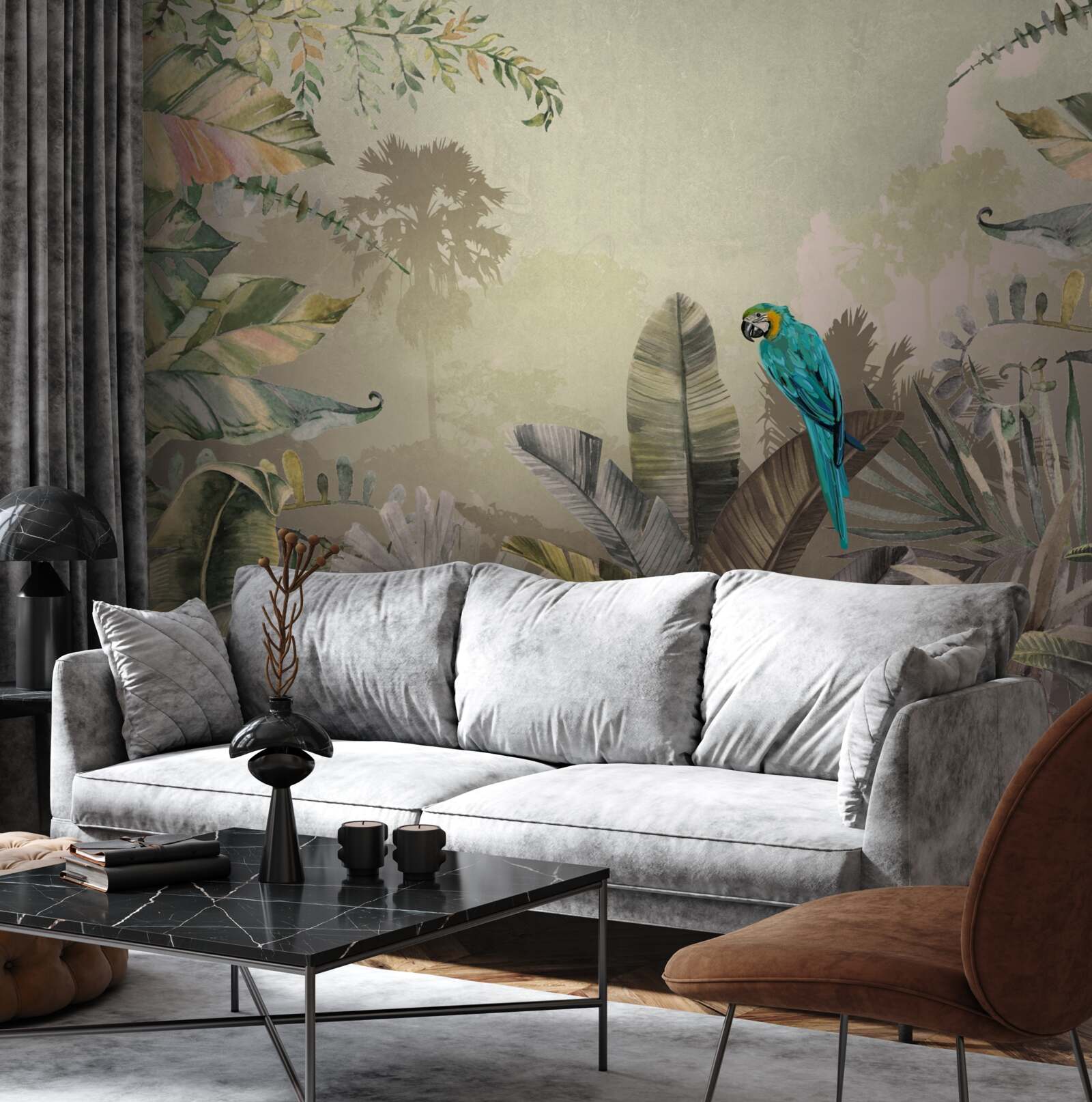 Fototapeta svetlý papagáj medzi tropickou zeleňou