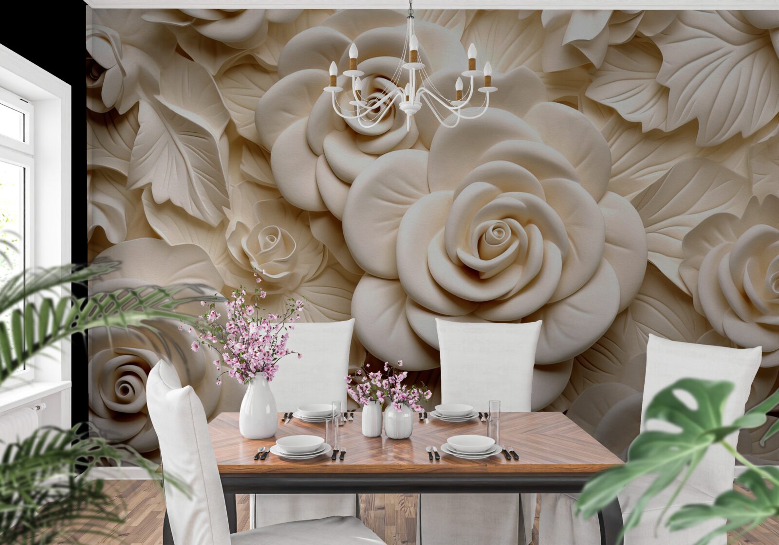 Fototapeta sadrové ruže veľkých rozmerov vo svetlých odtieňoch