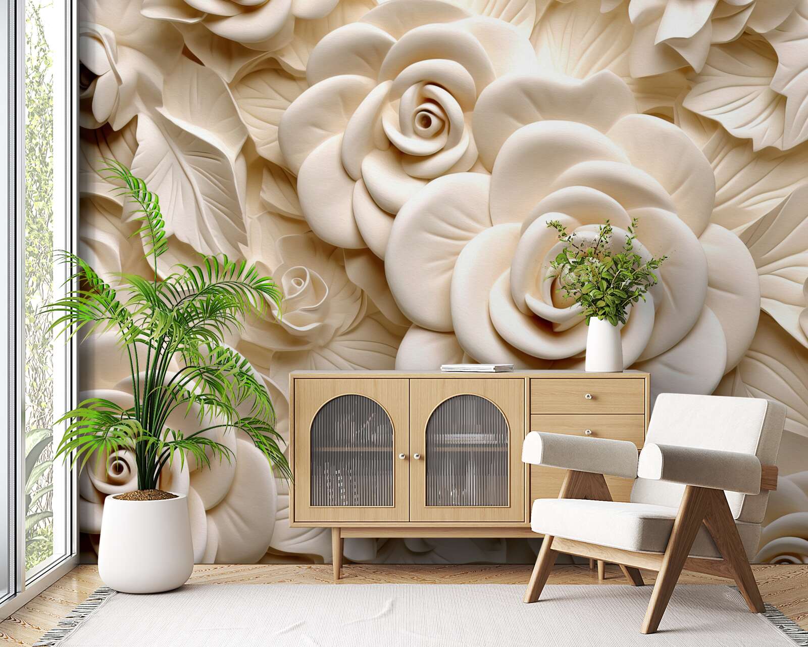 Fototapeta sadrové ruže veľkých rozmerov vo svetlých odtieňoch