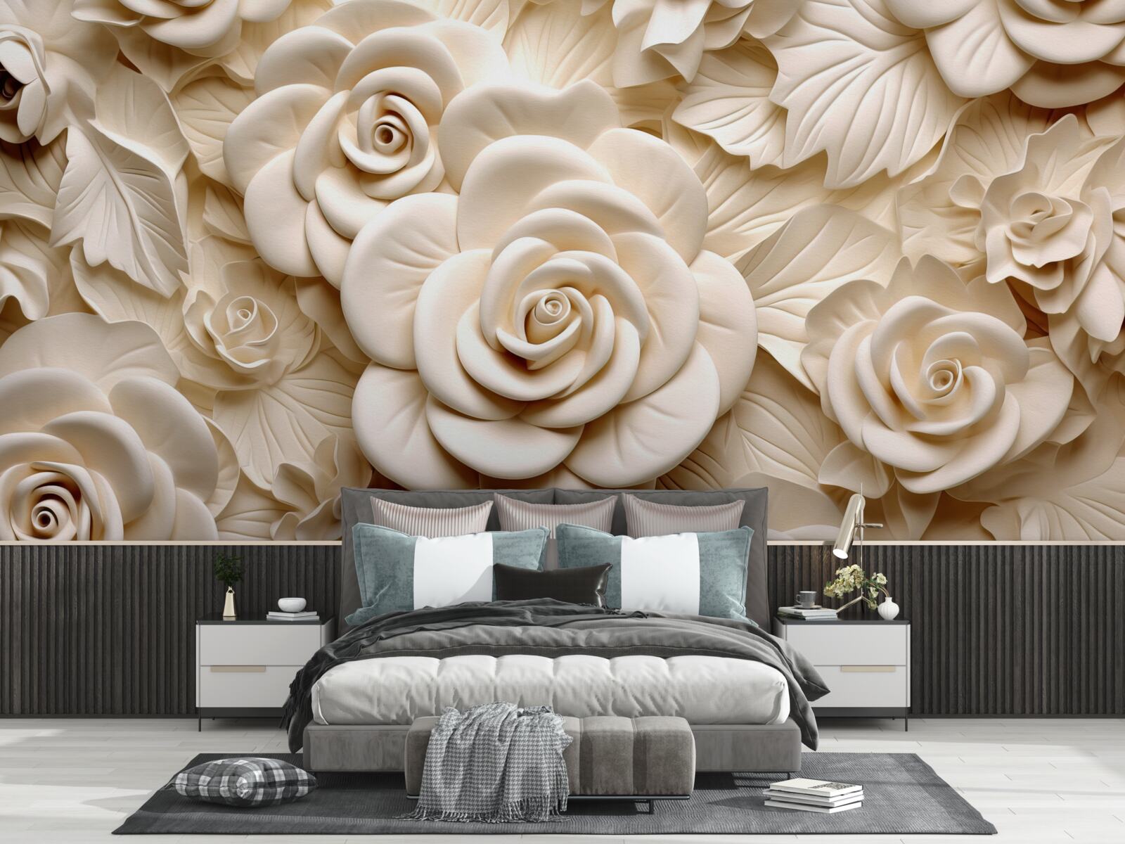 Fototapeta sadrové ruže veľkých rozmerov vo svetlých odtieňoch