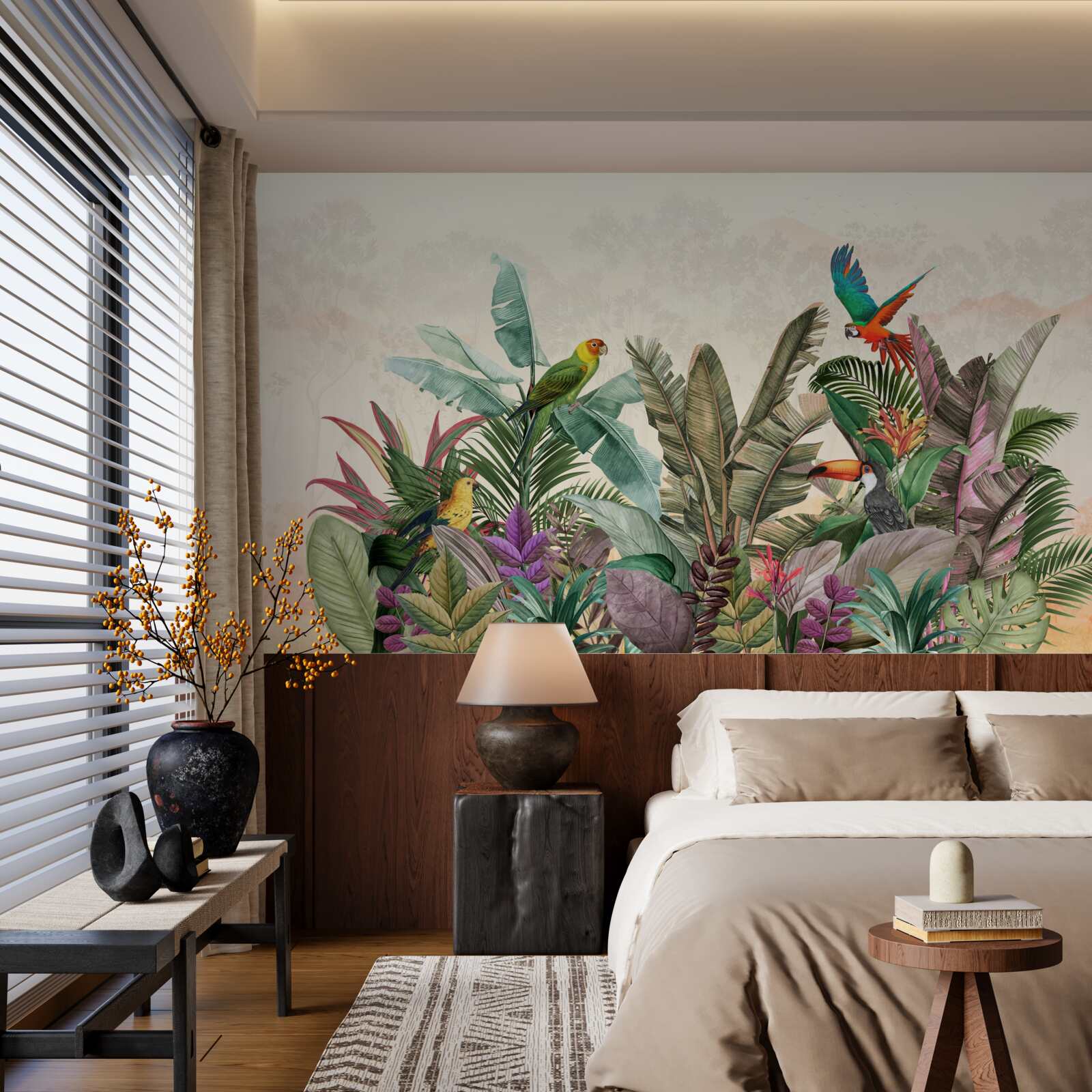 Fototapeta tropické listy zdobené vtákmi