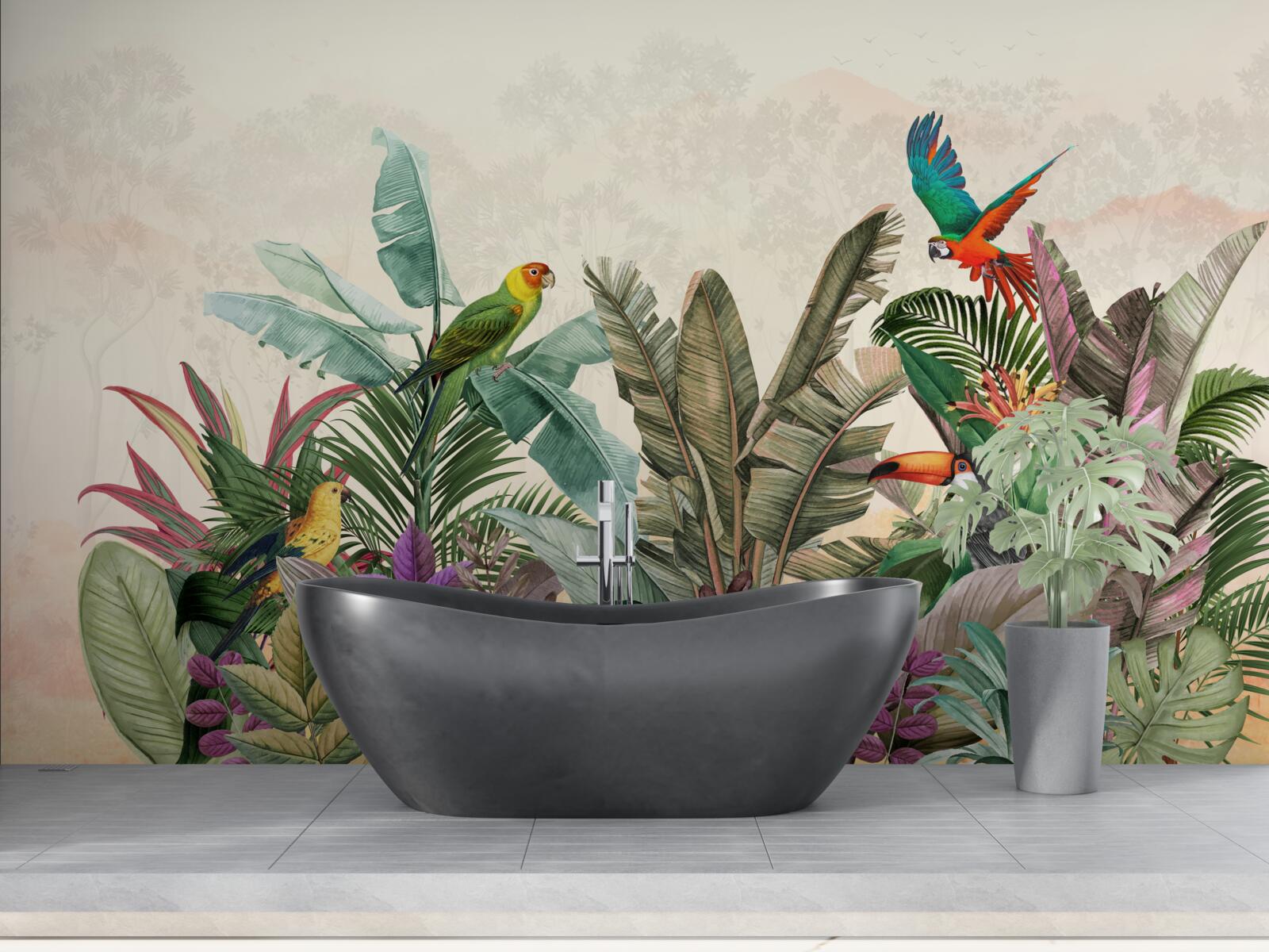 Fototapeta tropické listy zdobené vtákmi
