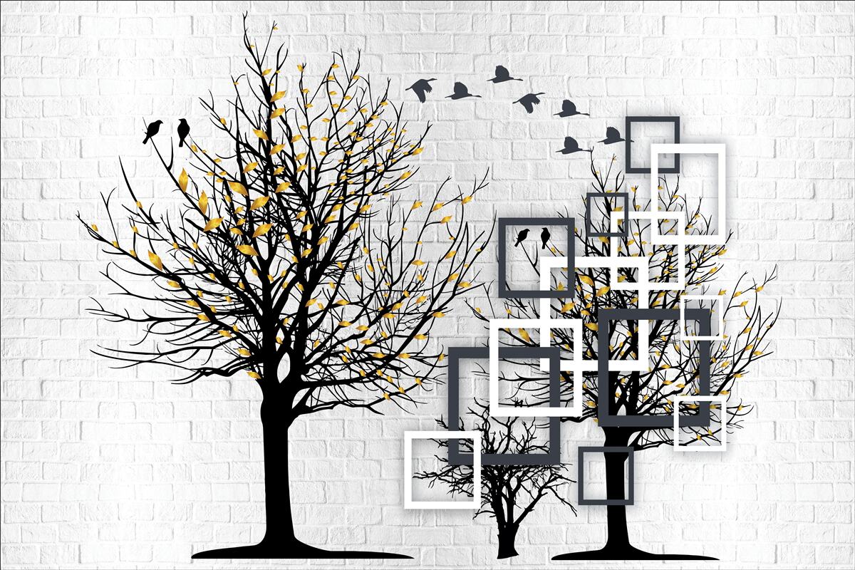 Fototapeta abstrakcia so stromami a tehlovou stenou