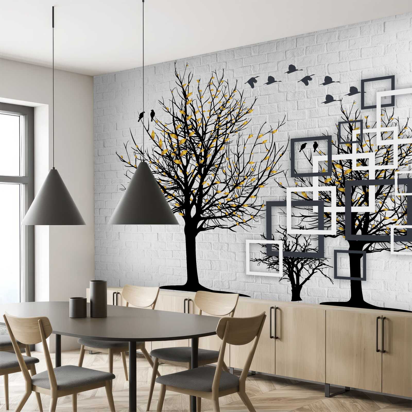 Fototapeta abstrakcia so stromami a tehlovou stenou