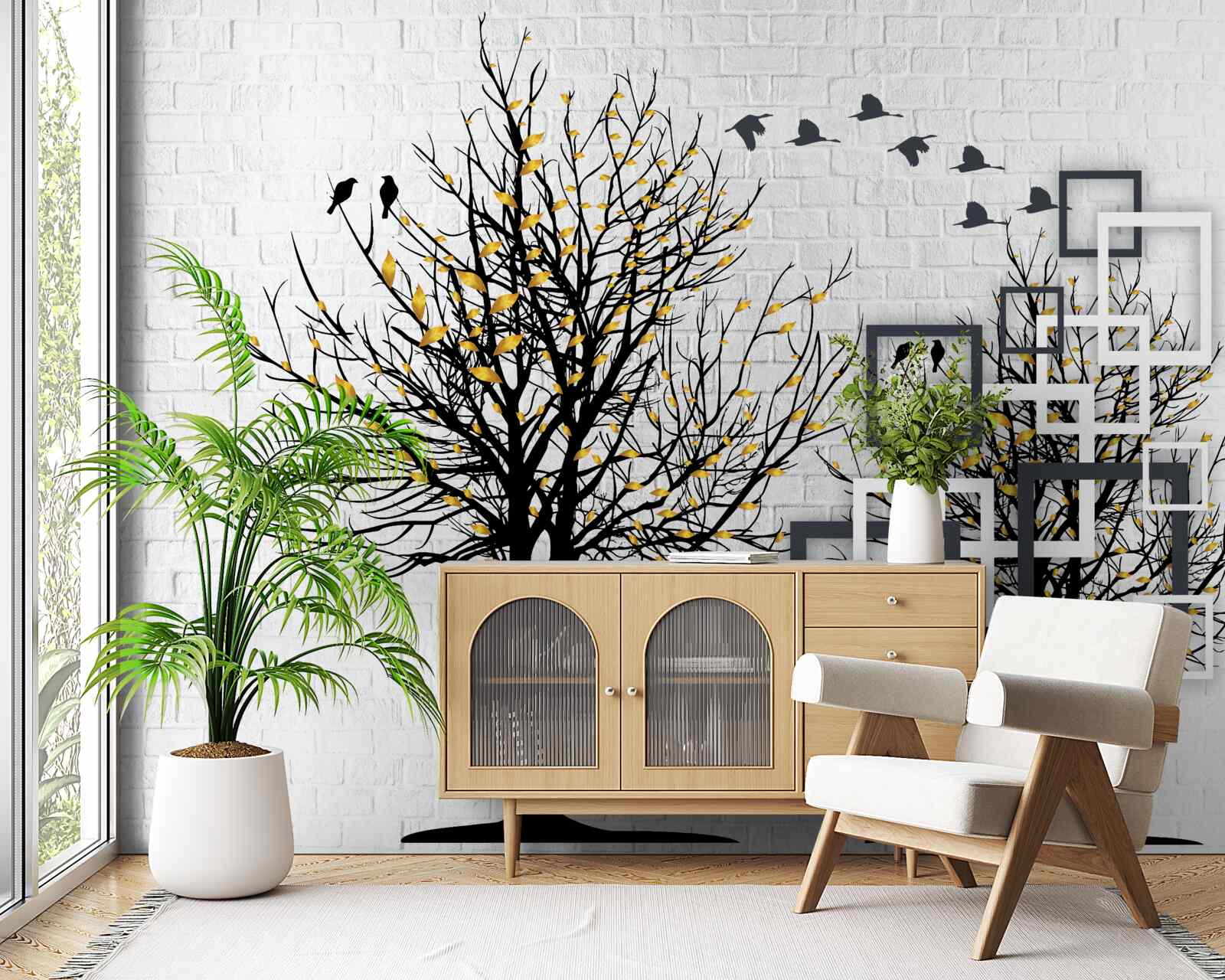 Fototapeta abstrakcia so stromami a tehlovou stenou