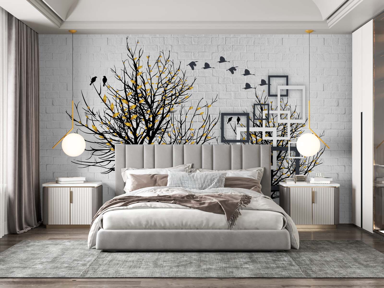 Fototapeta abstrakcia so stromami a tehlovou stenou