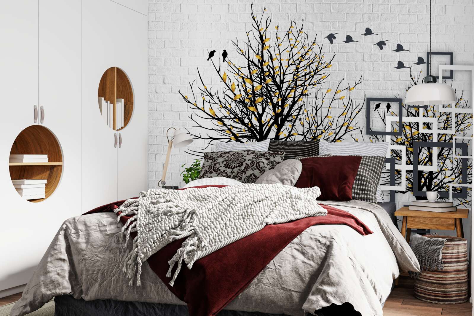 Fototapeta abstrakcia so stromami a tehlovou stenou