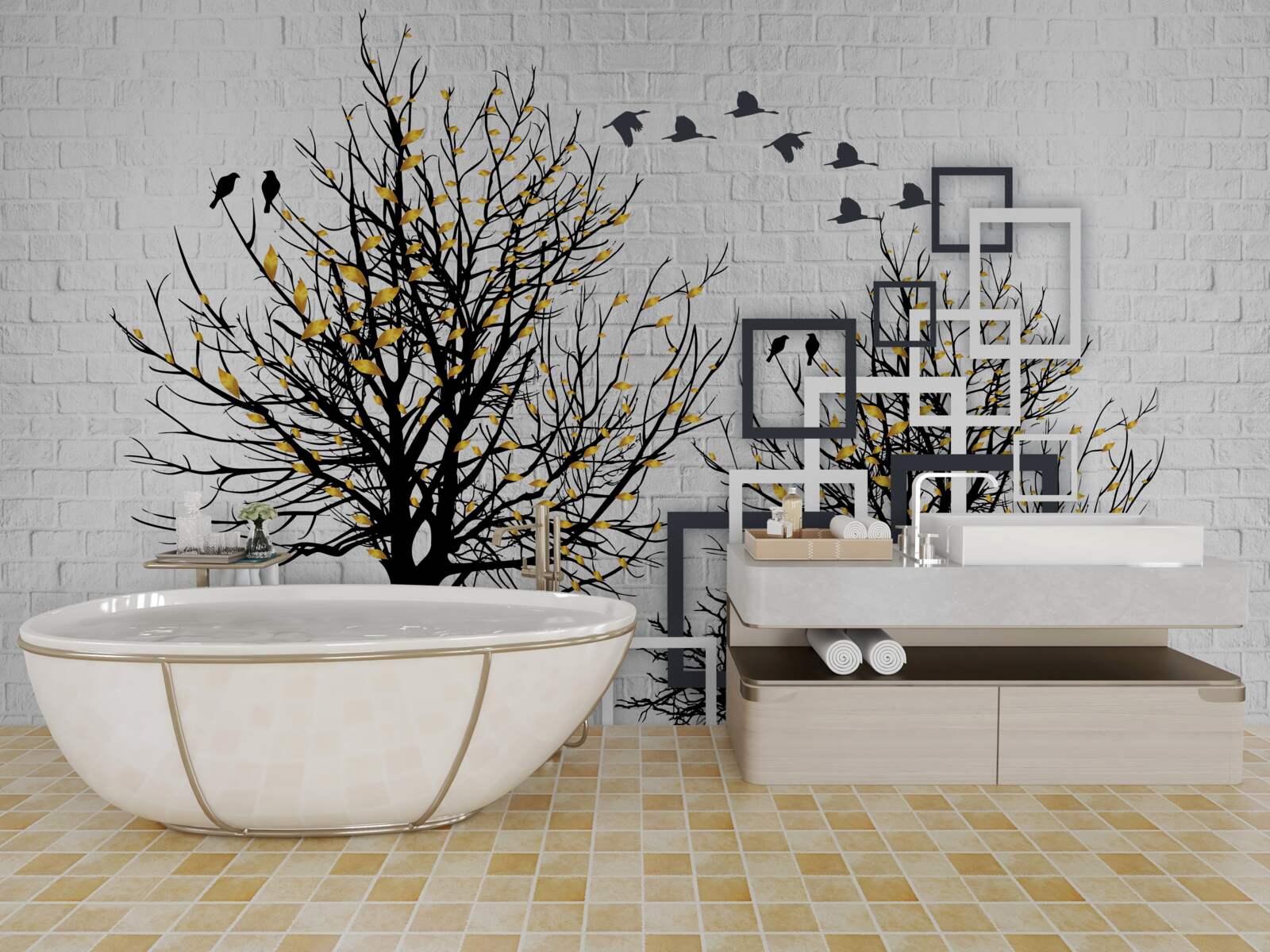 Fototapeta abstrakcia so stromami a tehlovou stenou