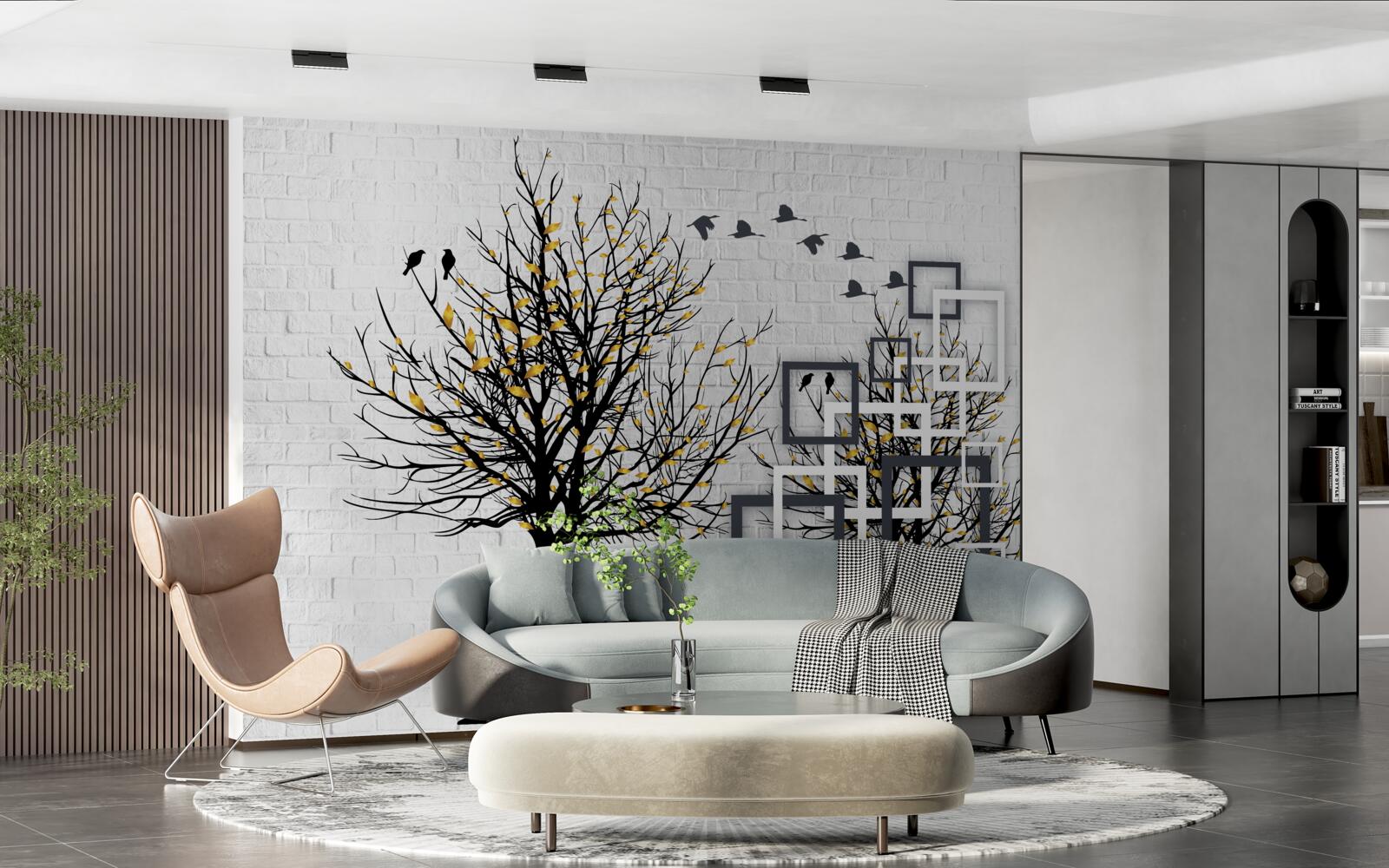 Fototapeta abstrakcia so stromami a tehlovou stenou