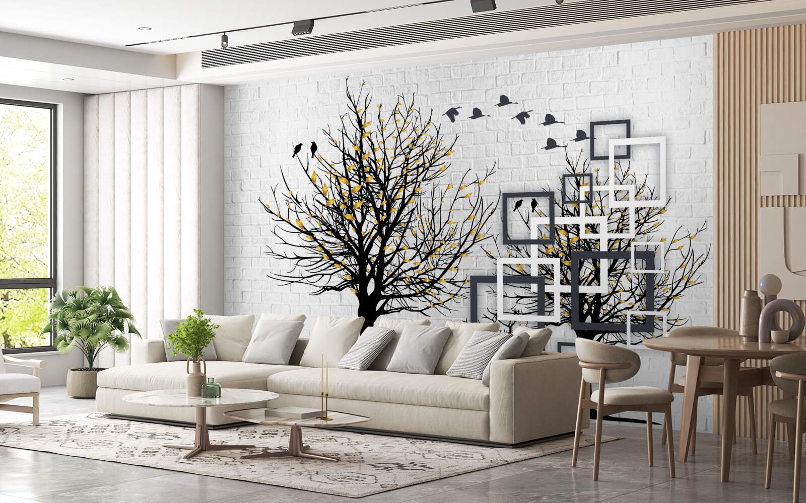 Fototapeta abstrakcia so stromami a tehlovou stenou