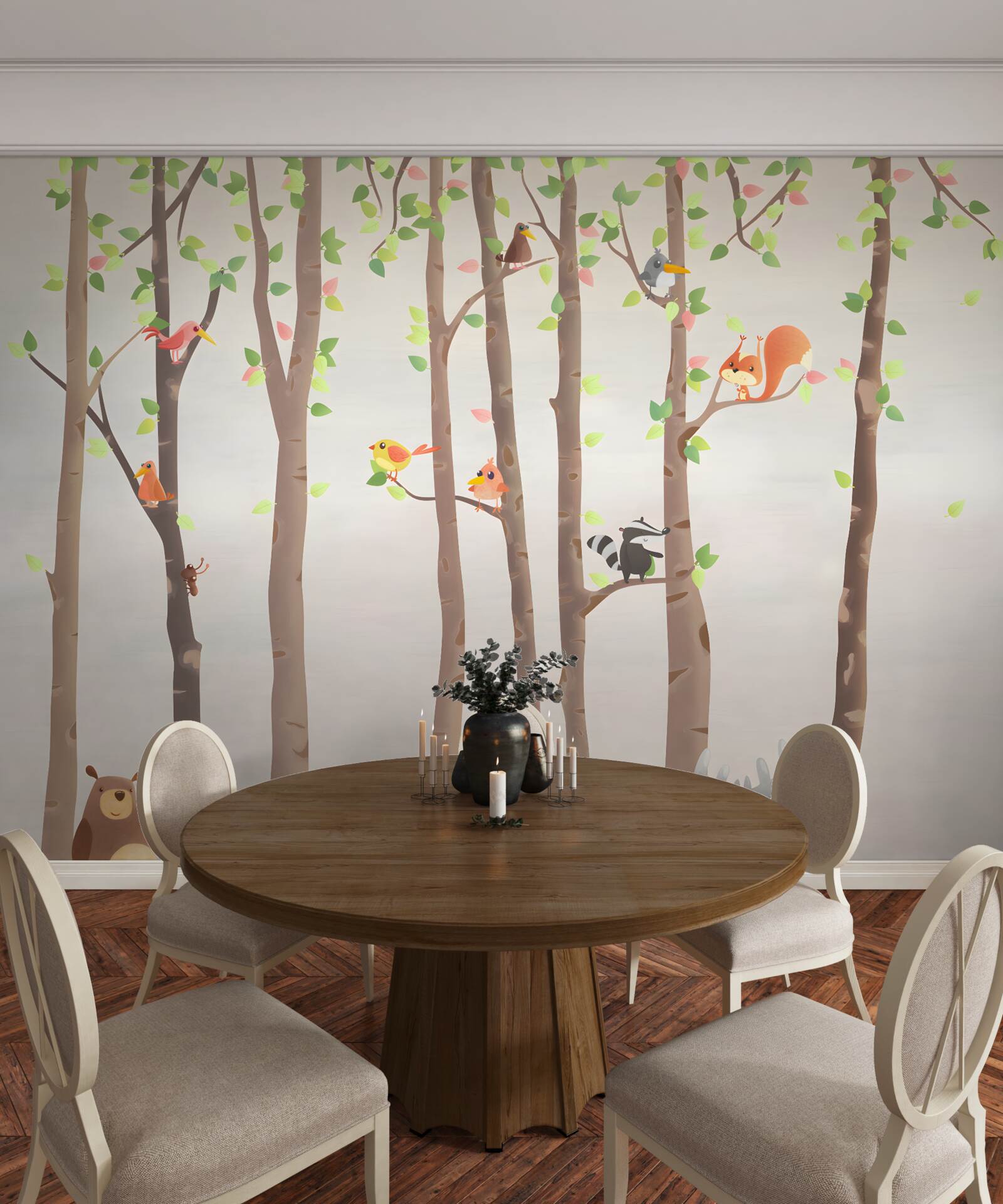 Fototapeta vysoké stromy s obyvateľmi lesa