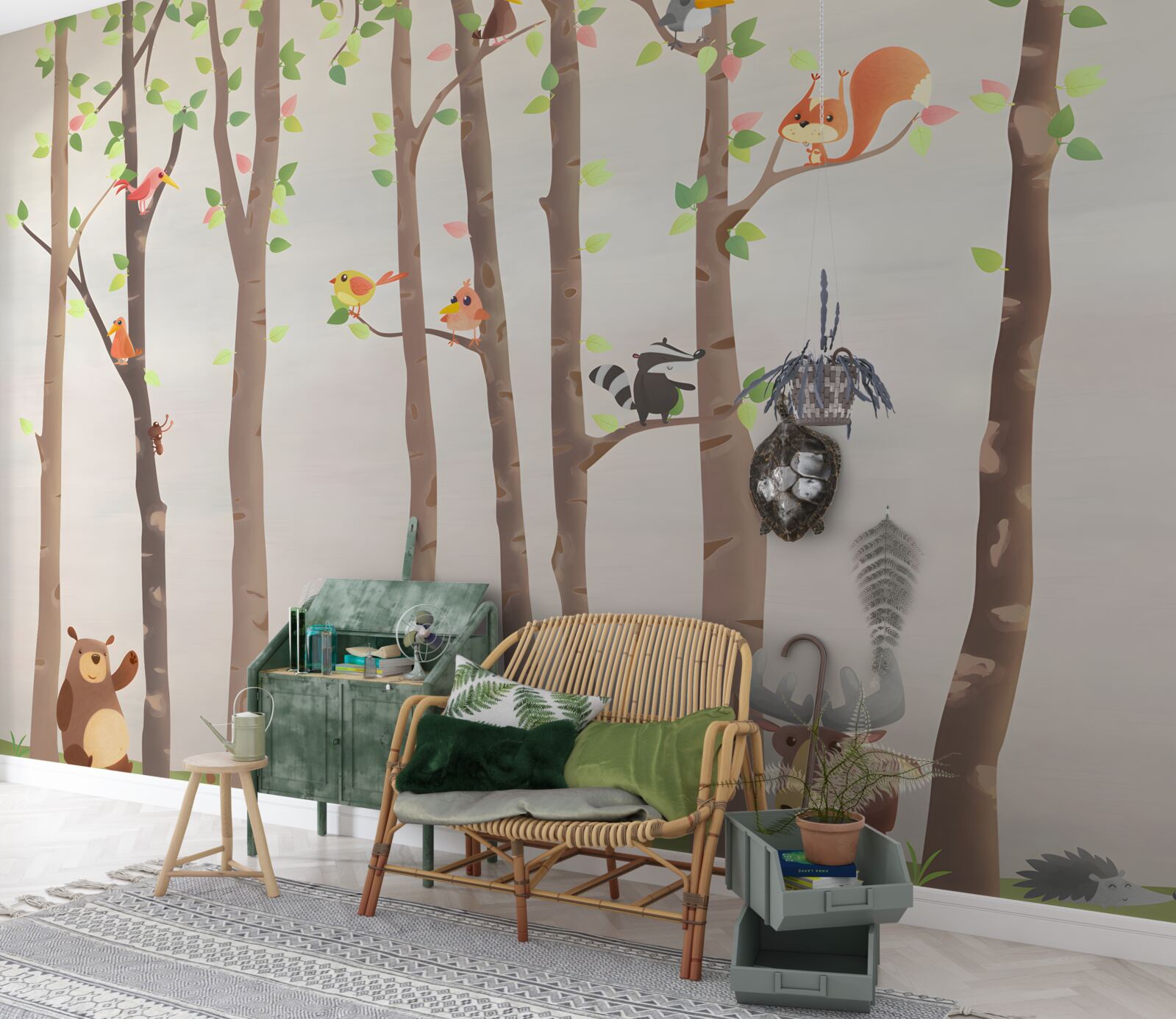 Fototapeta vysoké stromy s obyvateľmi lesa