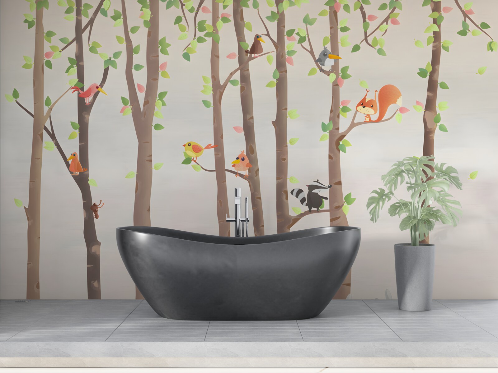 Fototapeta vysoké stromy s obyvateľmi lesa