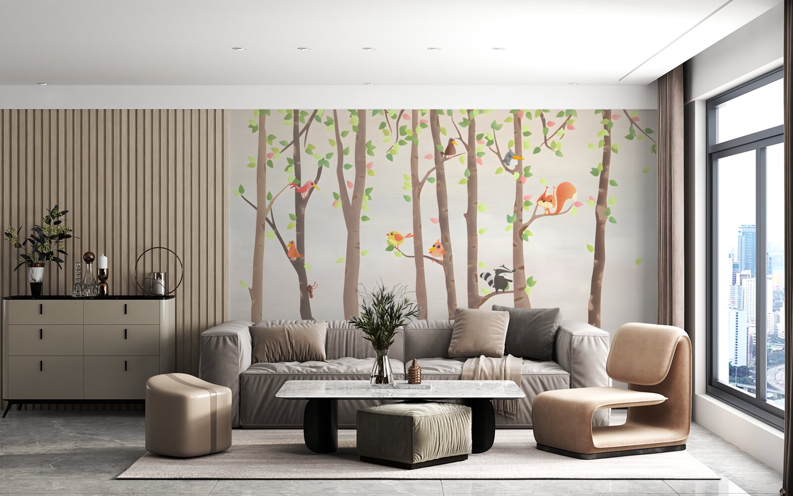 Fototapeta vysoké stromy s obyvateľmi lesa