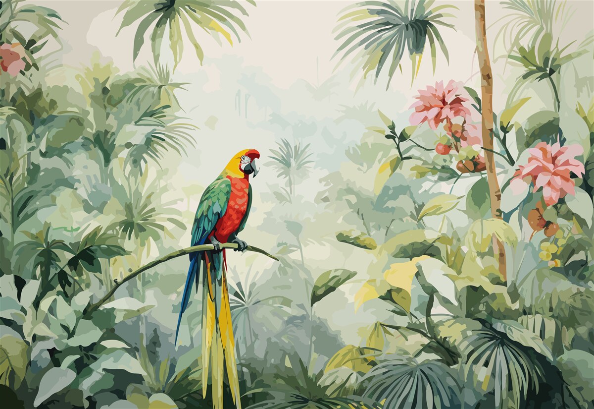 Fototapeta bujné smaragdové kríky a papagáj