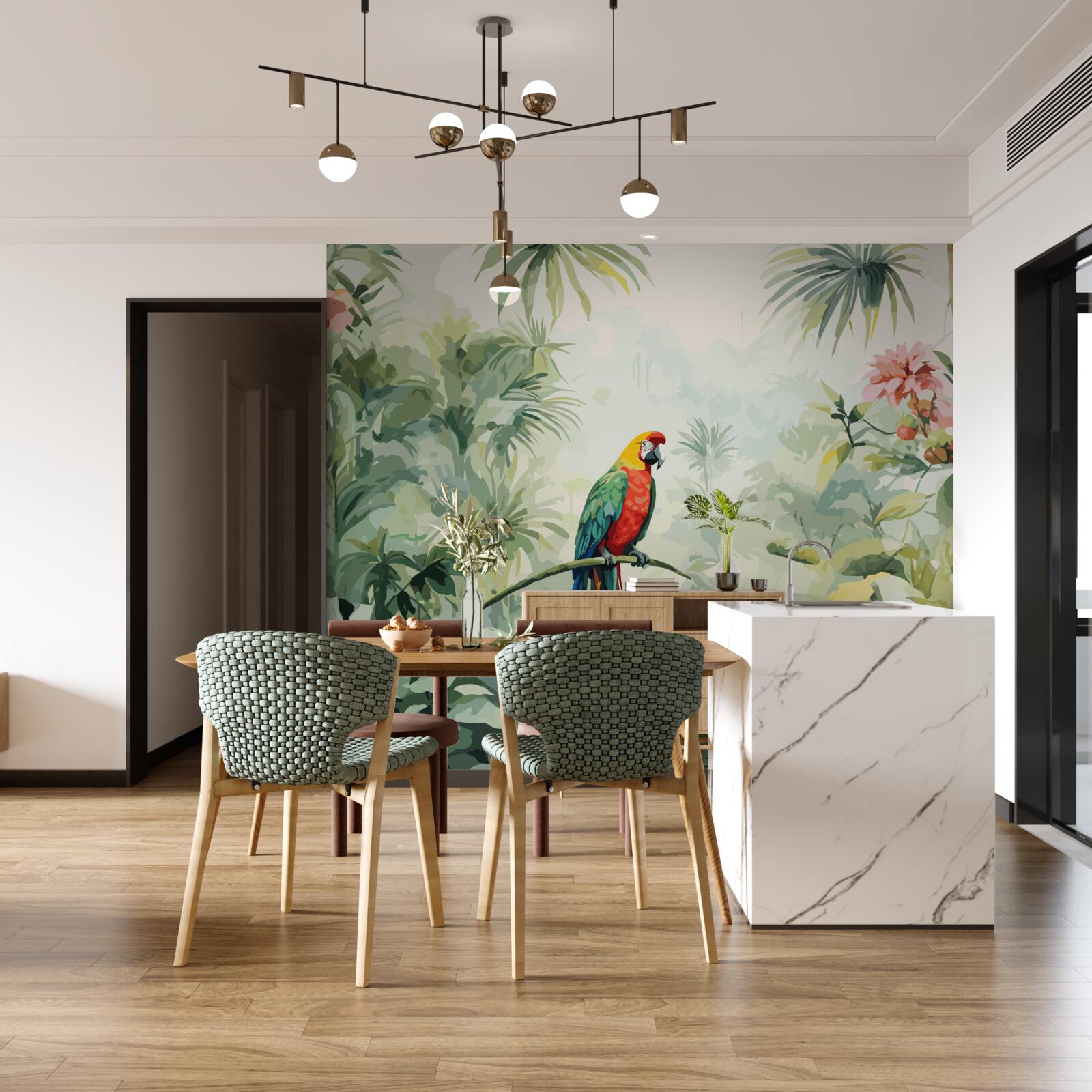 Fototapeta bujné smaragdové kríky a papagáj