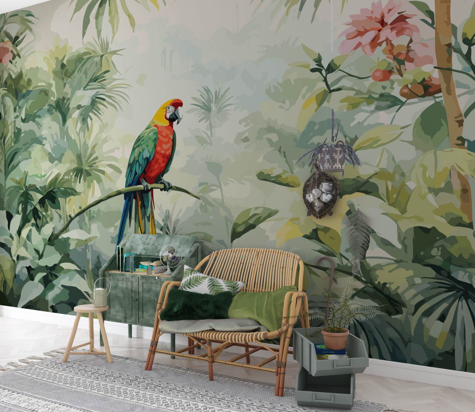 Fototapeta bujné smaragdové kríky a papagáj