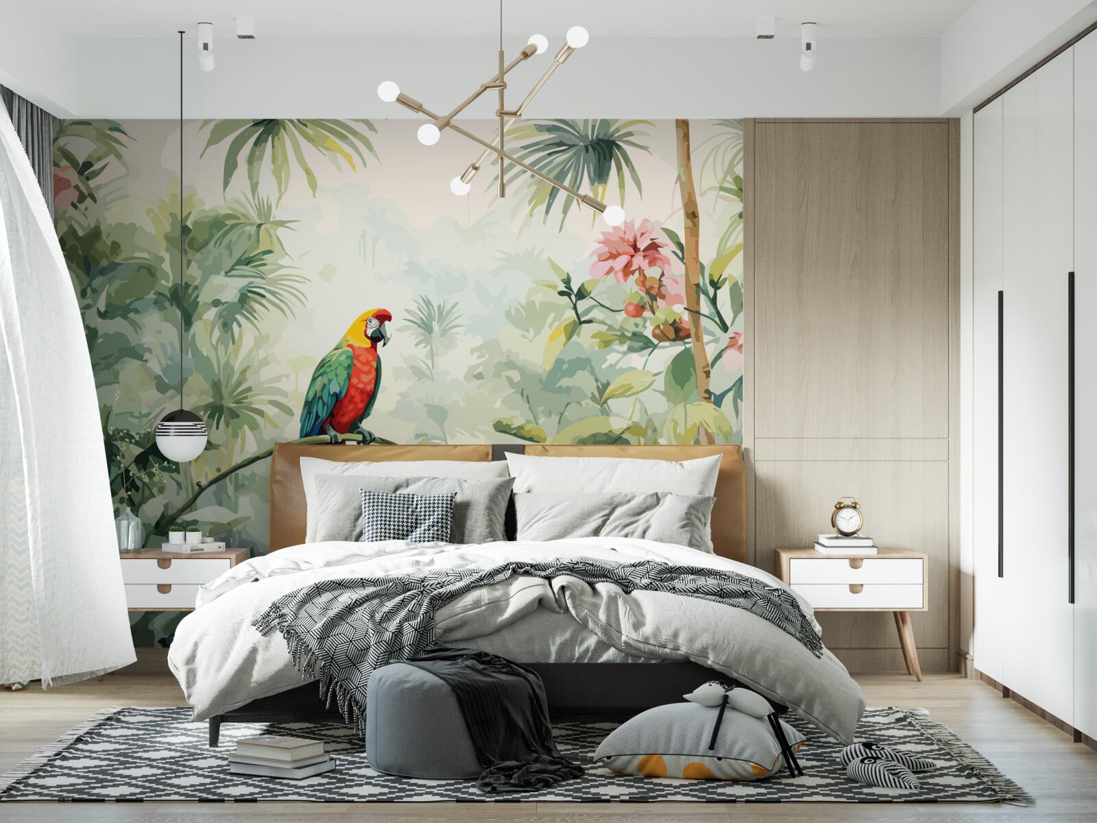 Fototapeta bujné smaragdové kríky a papagáj