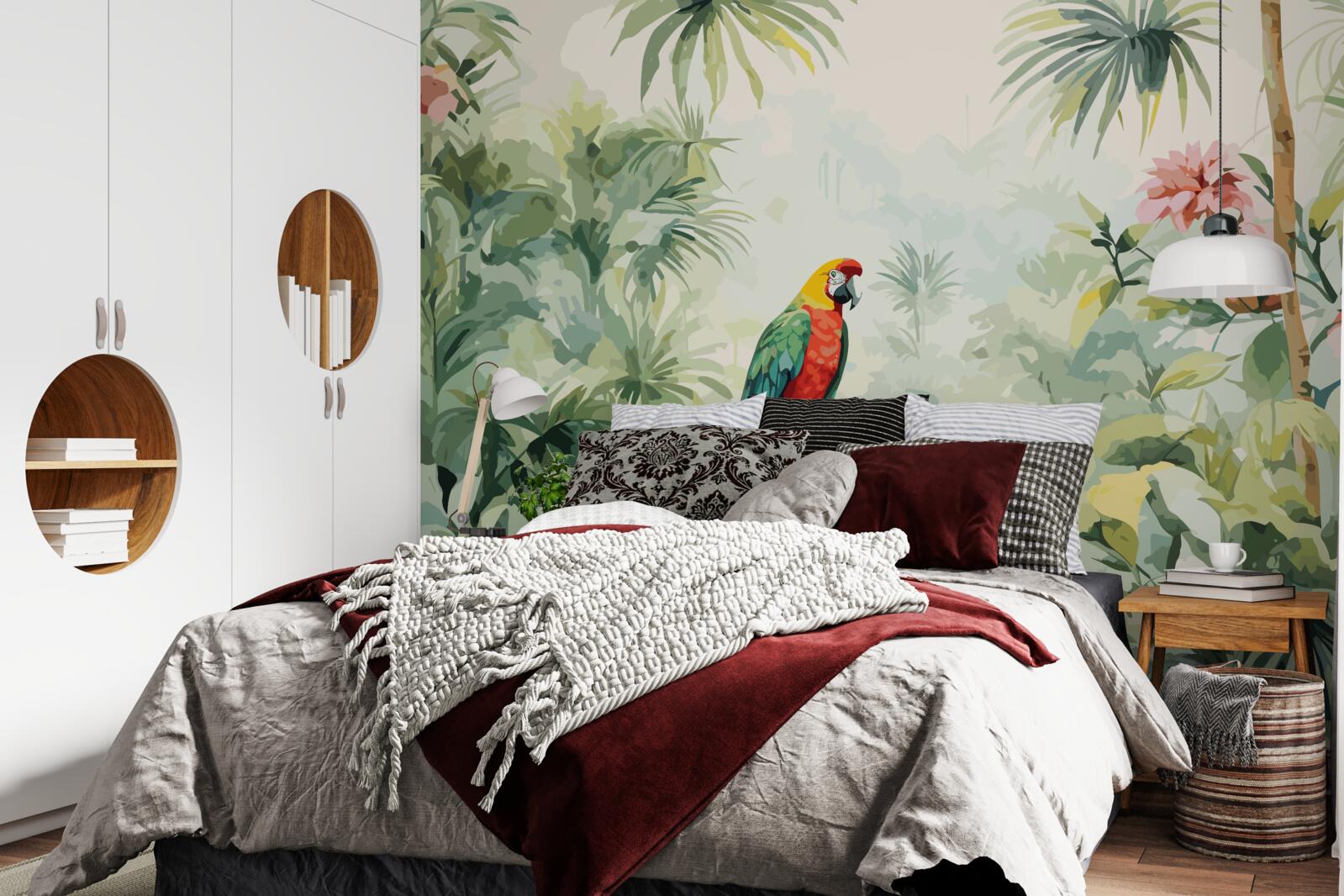 Fototapeta bujné smaragdové kríky a papagáj