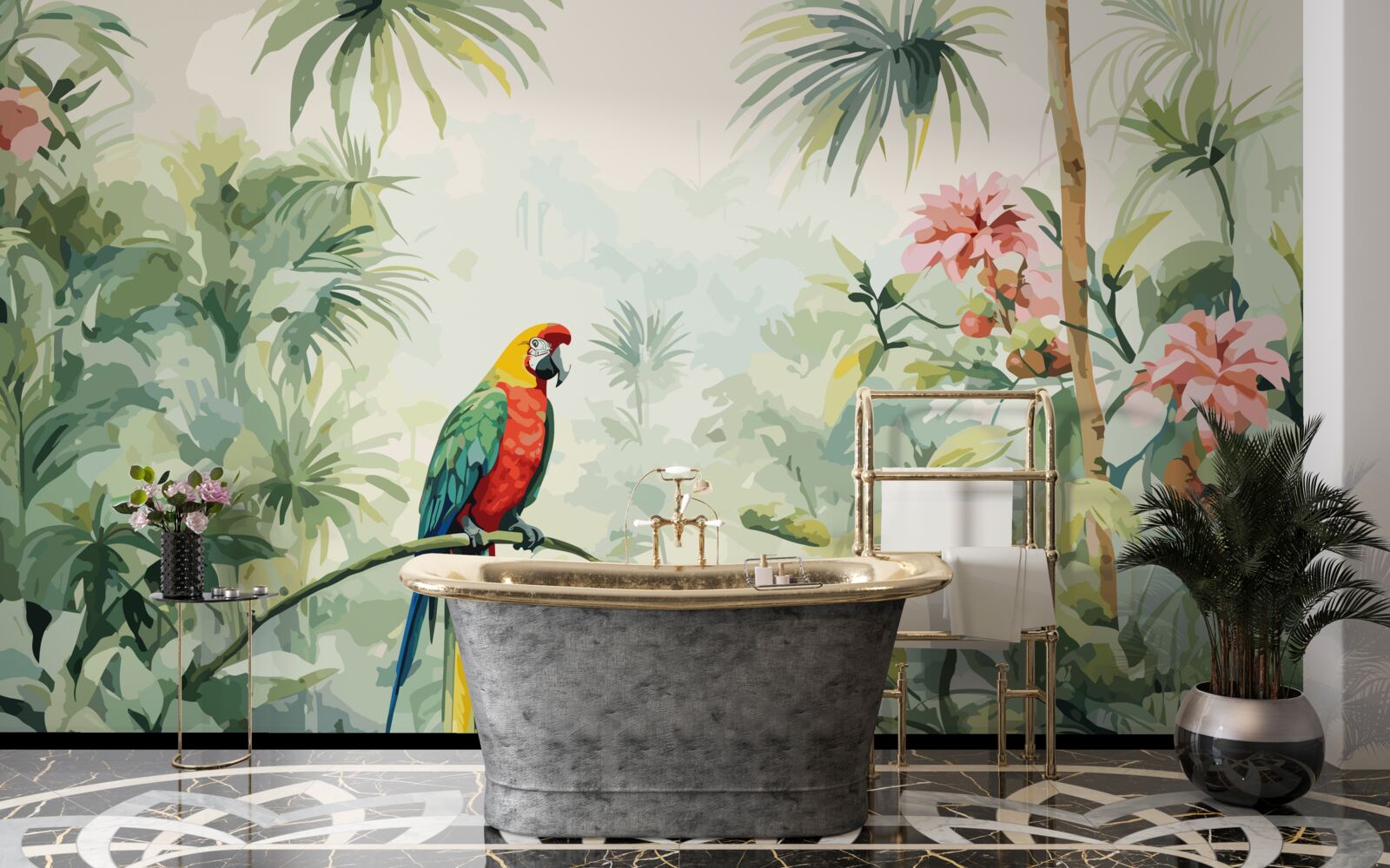 Fototapeta bujné smaragdové kríky a papagáj