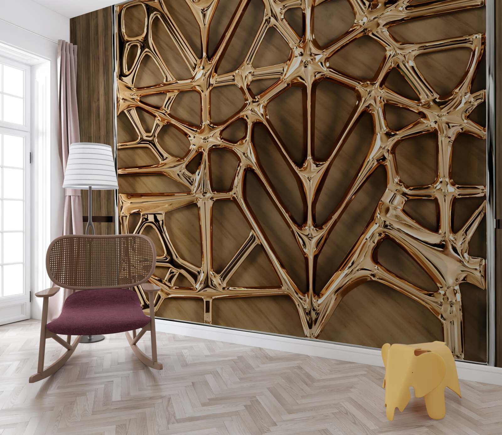 Fototapeta abstraktné zlaté čiary na drevenom povrchu