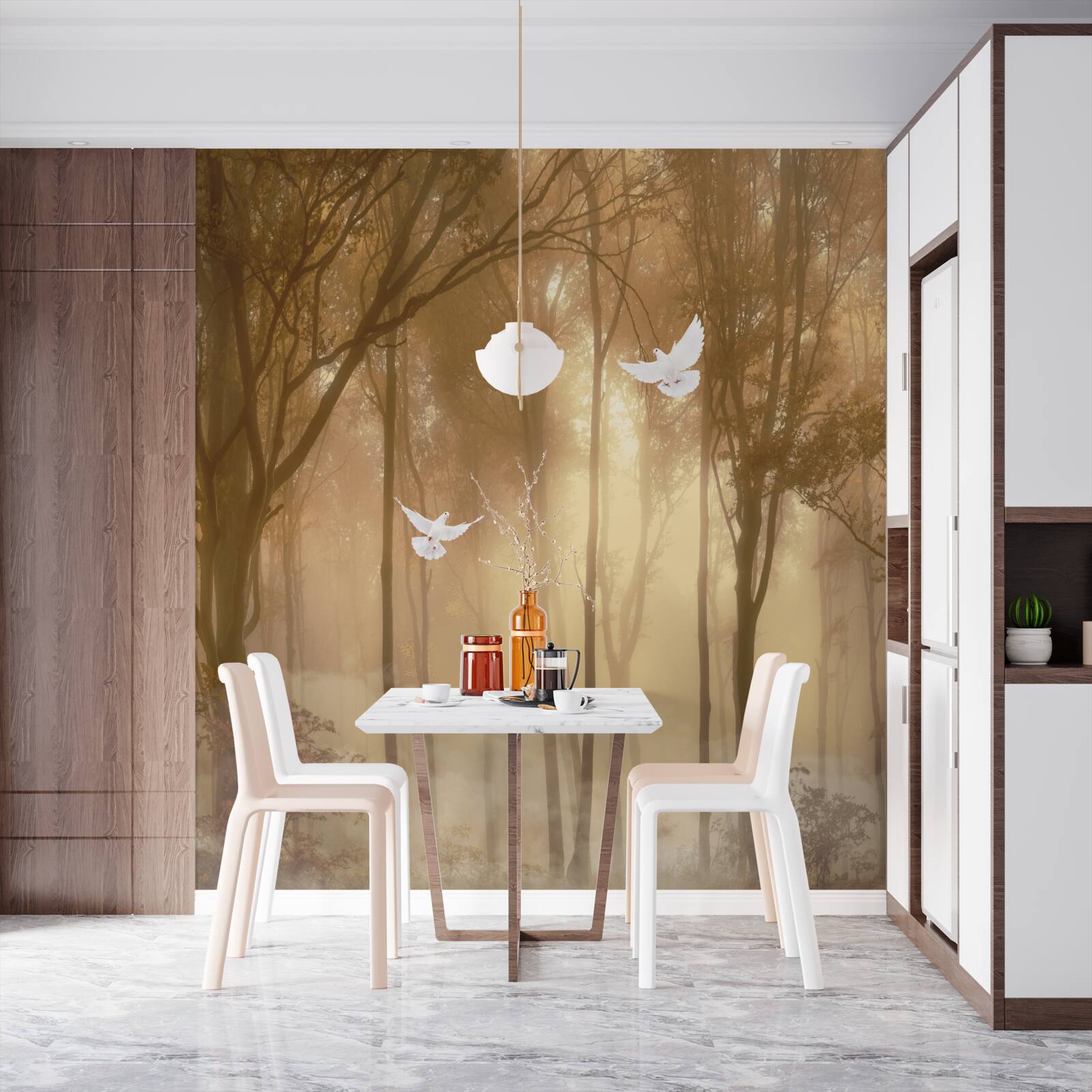 Fototapeta lietajúce holuby prechádzajú hmlistým krytom