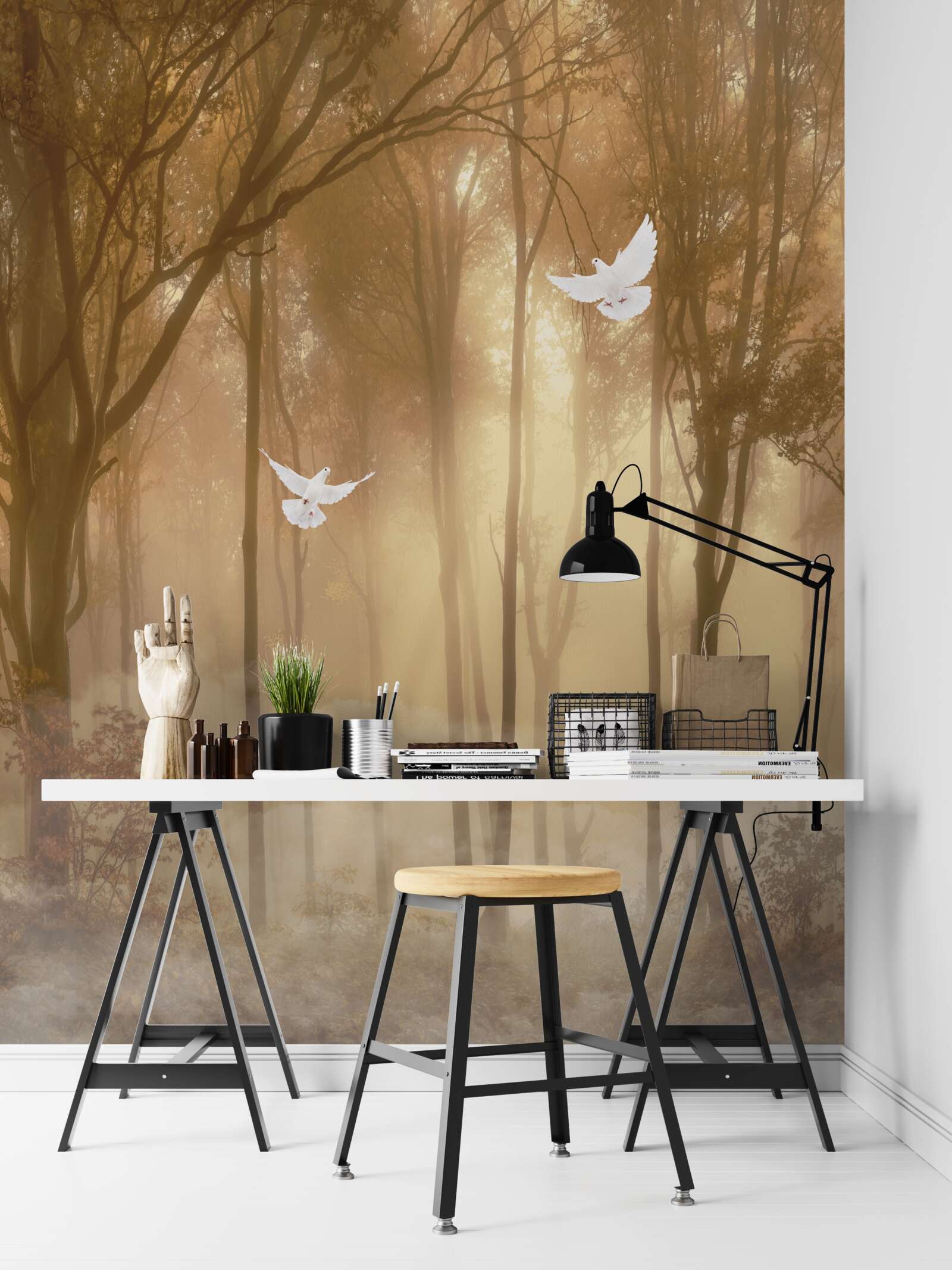 Fototapeta lietajúce holuby prechádzajú hmlistým krytom