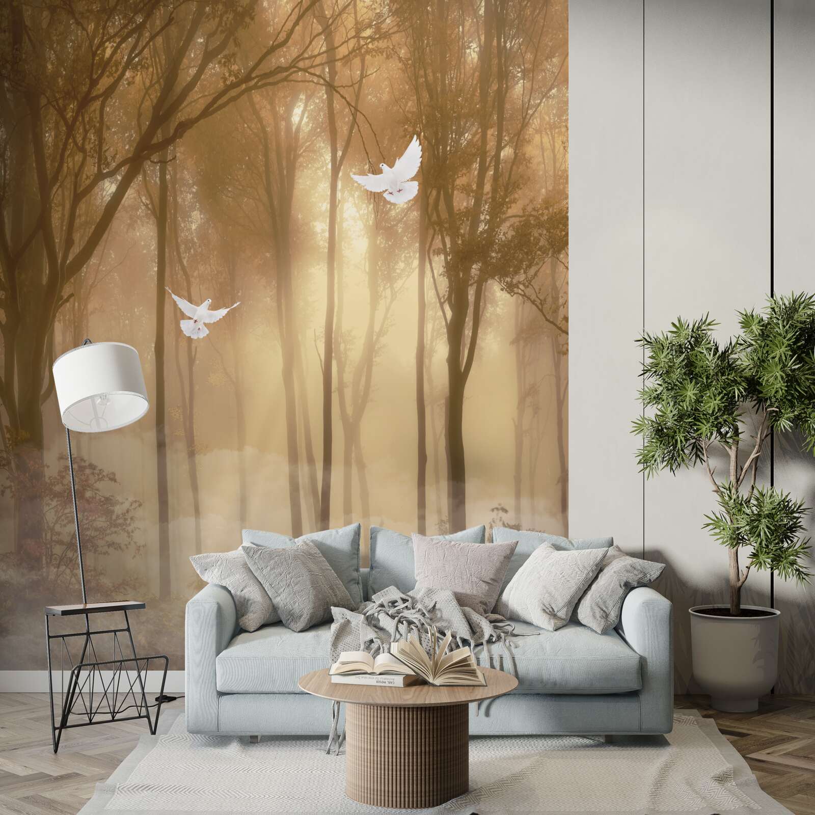 Fototapeta lietajúce holuby prechádzajú hmlistým krytom