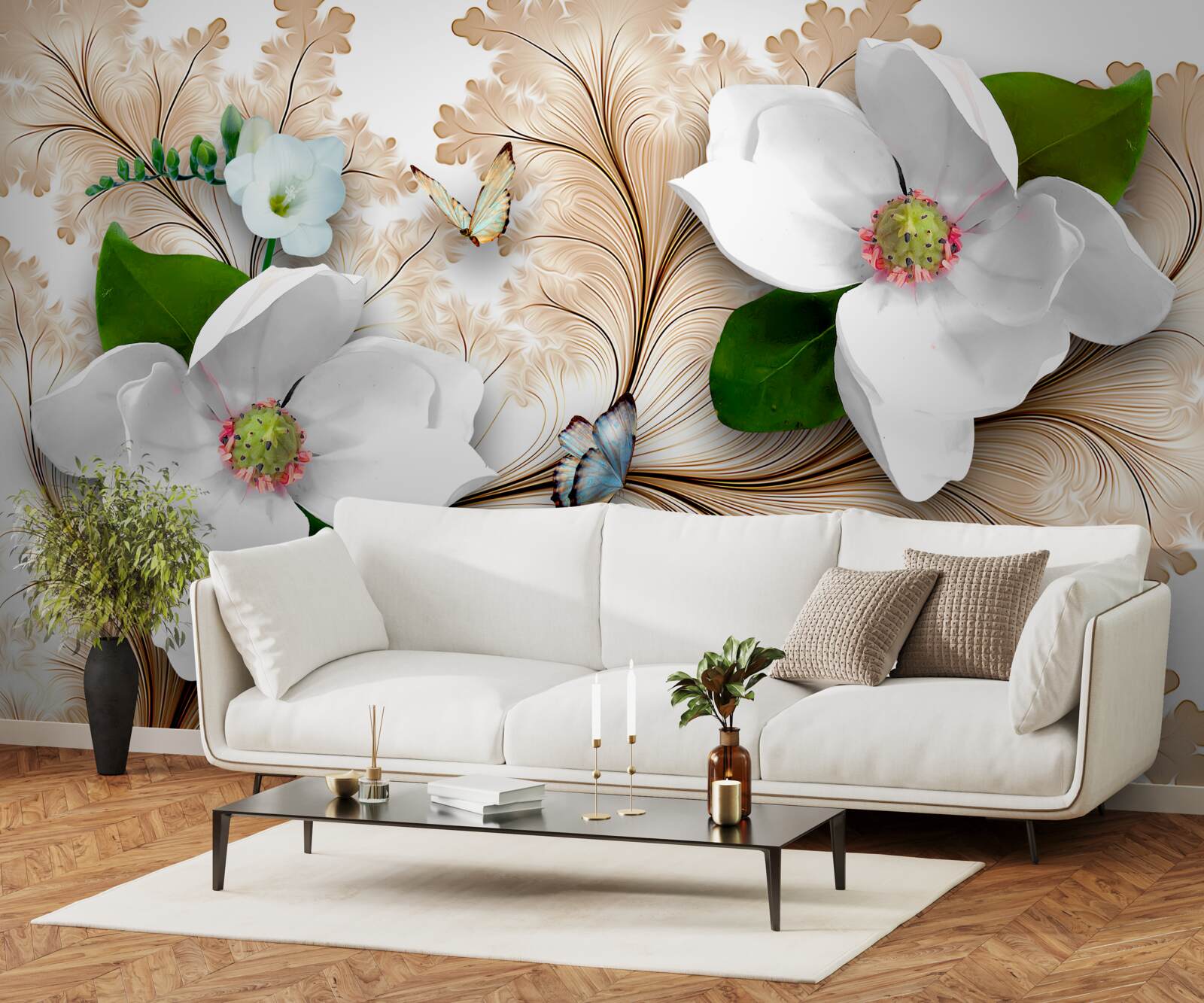 Fototapeta svetlé snehobiele kvety na hnedom podklade