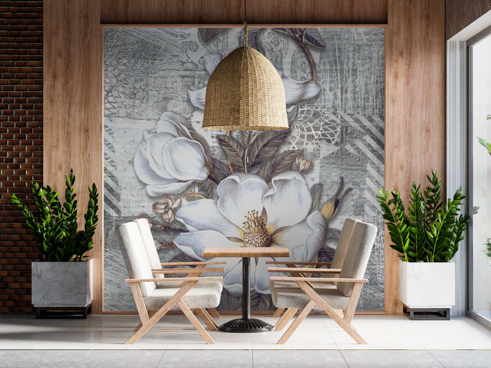 Fototapeta veľké biele kvety na pozadí abstraktných vzorov