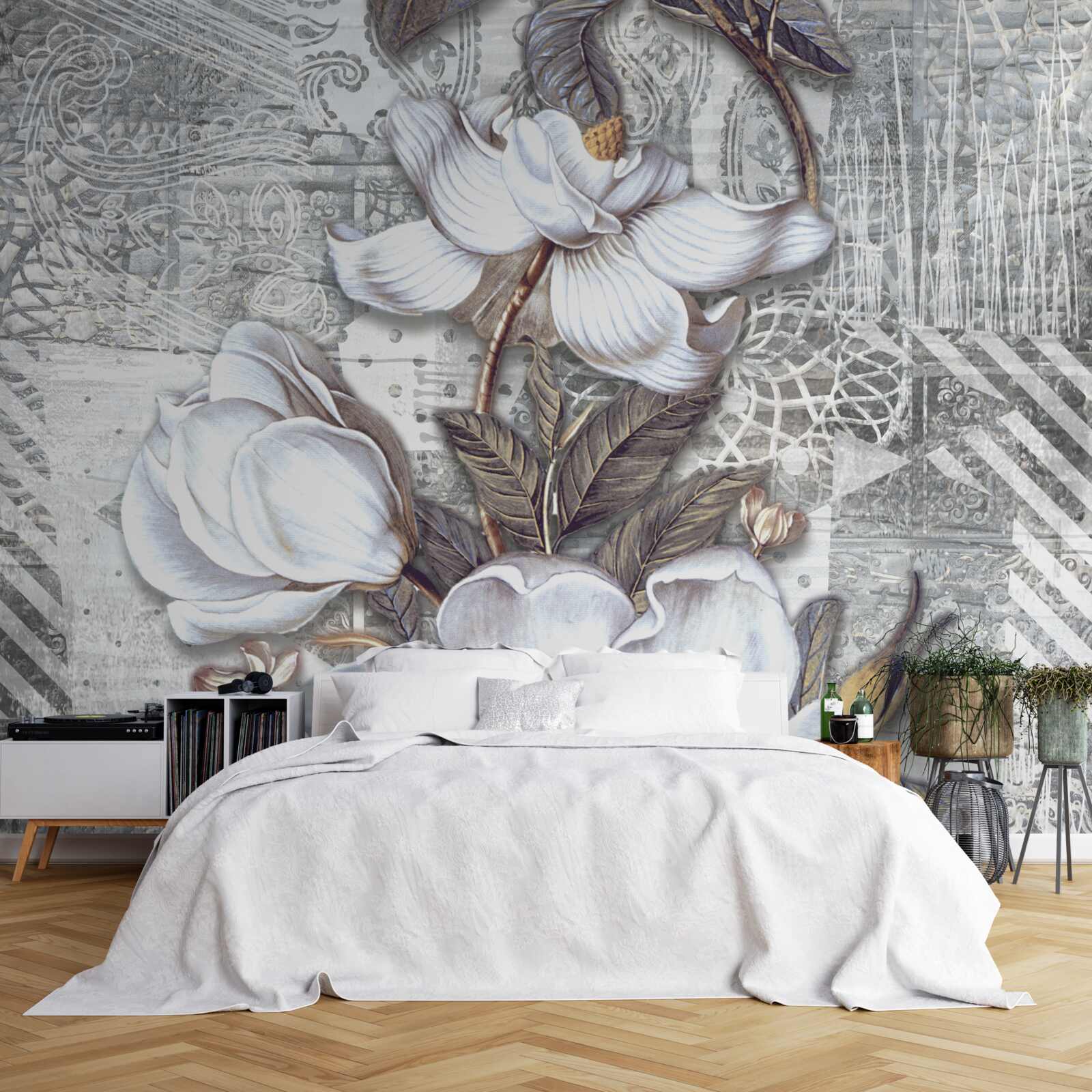 Fototapeta veľké biele kvety na pozadí abstraktných vzorov