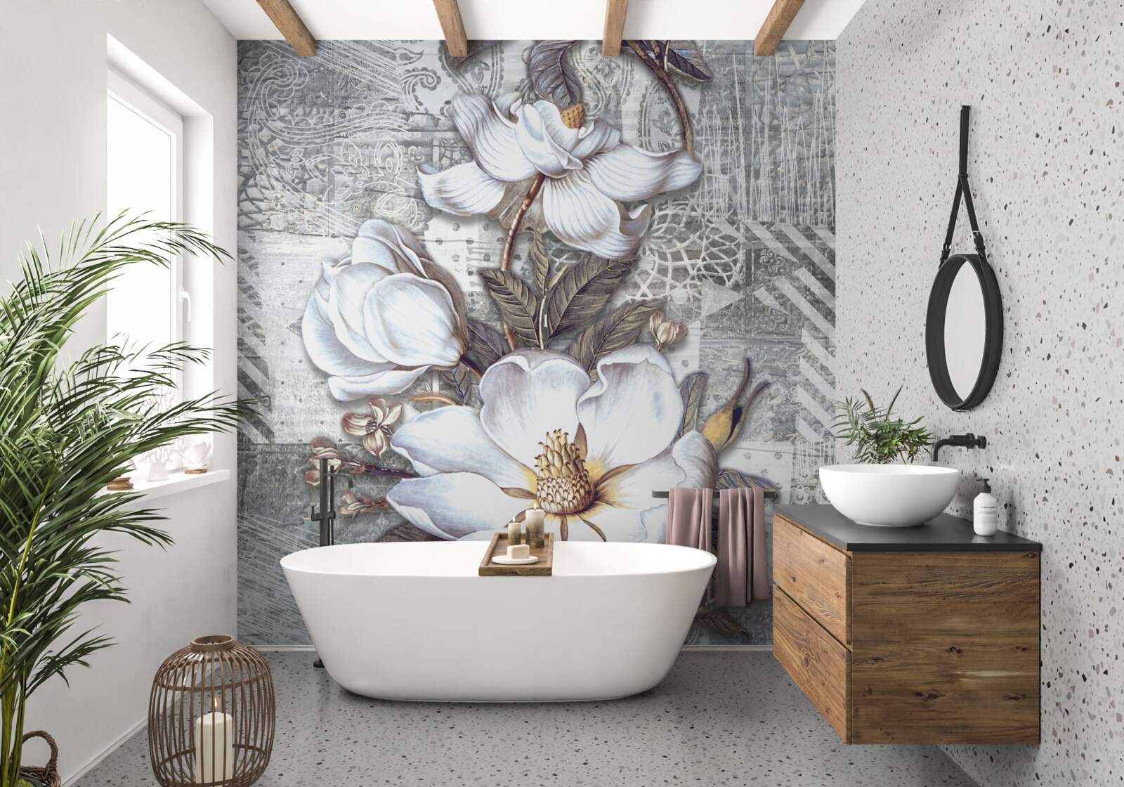 Fototapeta veľké biele kvety na pozadí abstraktných vzorov