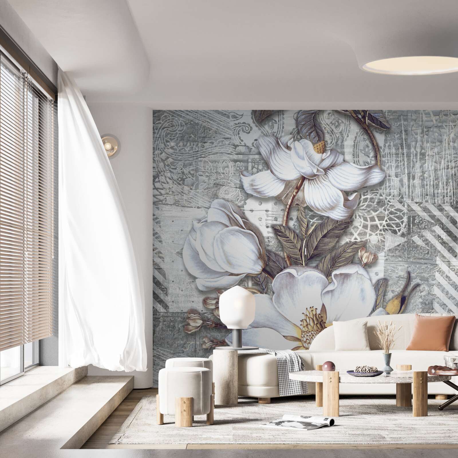 Fototapeta veľké biele kvety na pozadí abstraktných vzorov