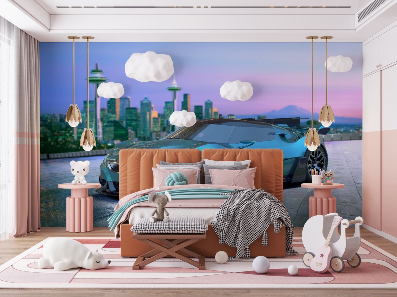 Fototapeta modré športové auto na pozadí panorámy mesta