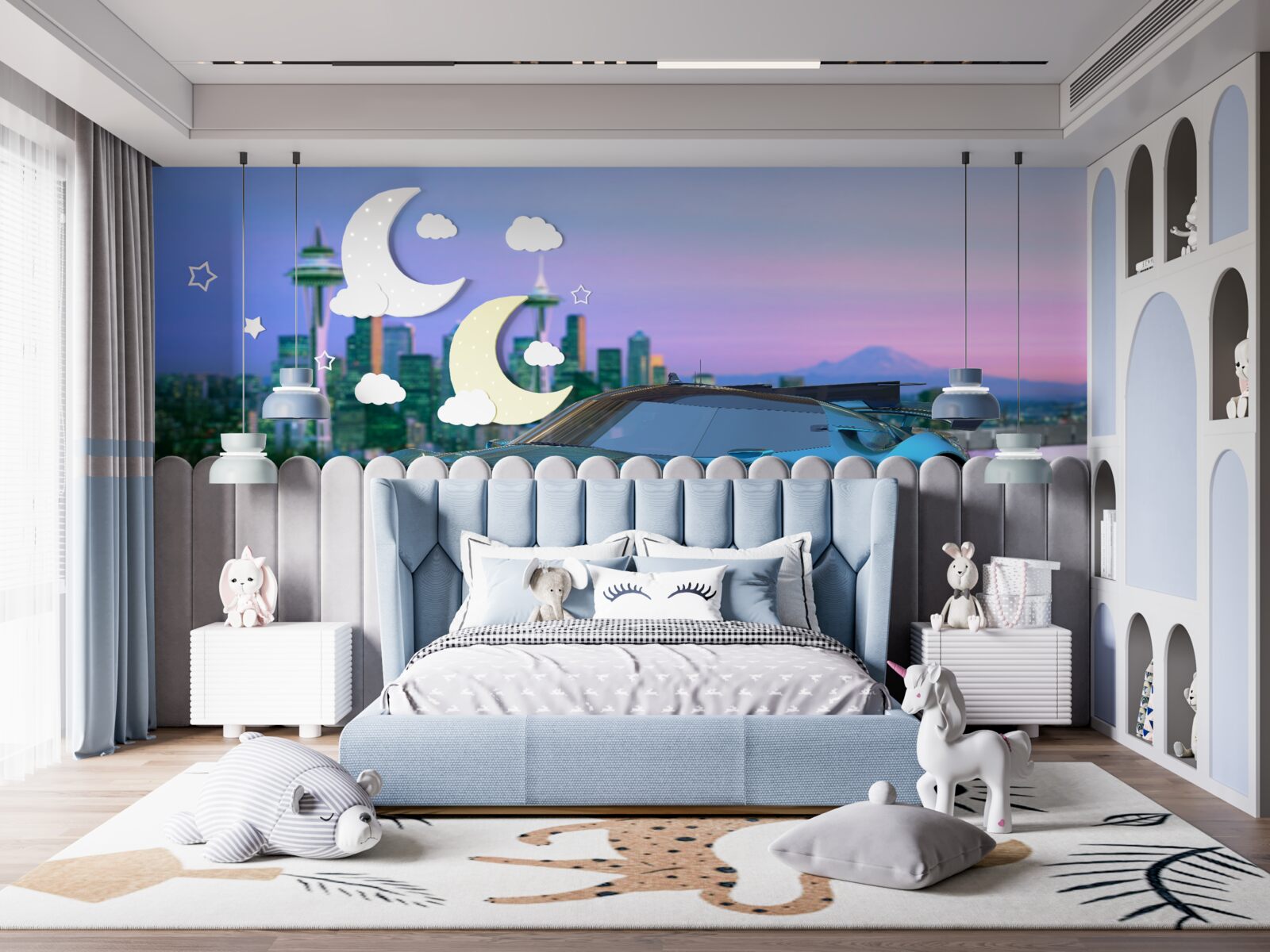 Fototapeta modré športové auto na pozadí panorámy mesta