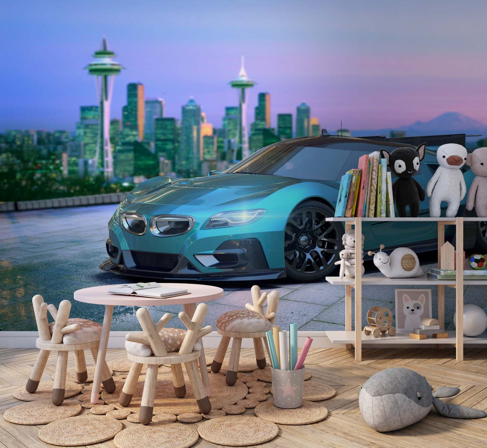 Fototapeta modré športové auto na pozadí panorámy mesta