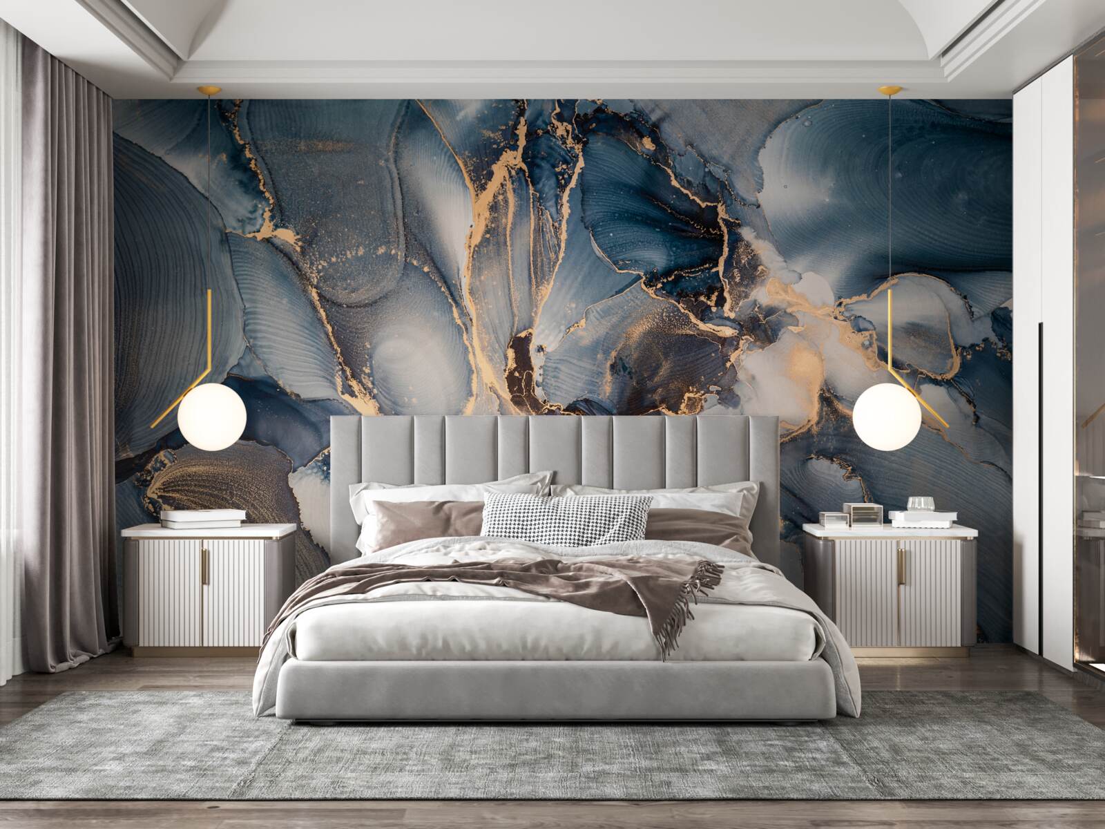 Fototapeta mramor v sýtych odtieňoch modrej a zlatej