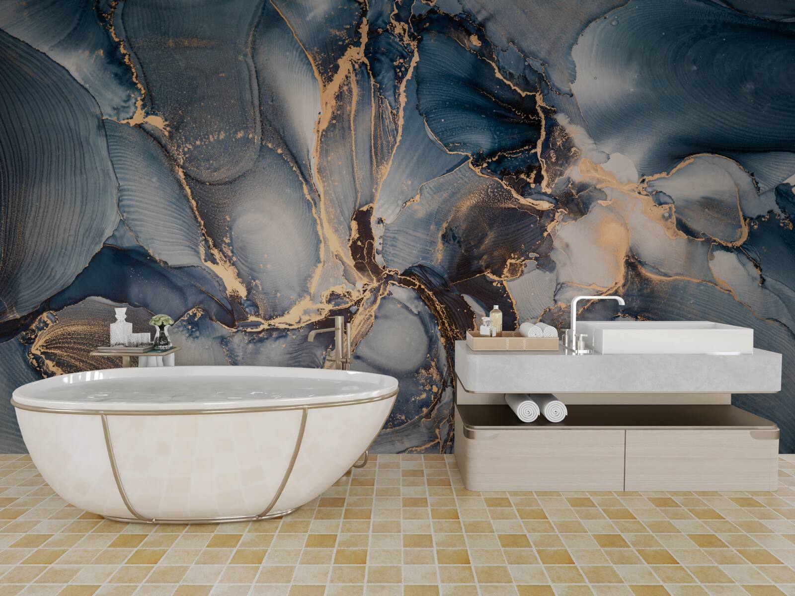 Fototapeta mramor v sýtych odtieňoch modrej a zlatej