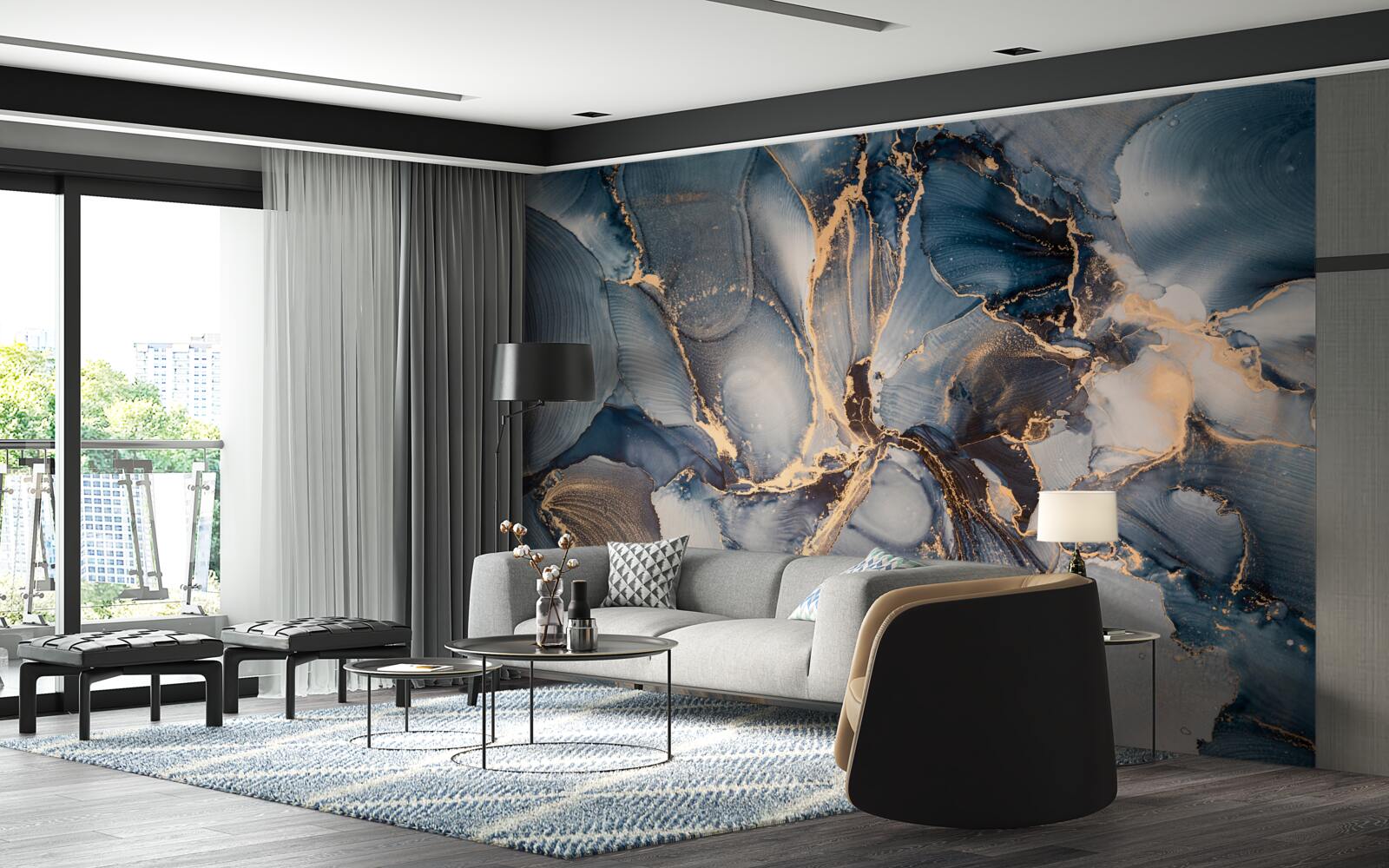 Fototapeta mramor v sýtych odtieňoch modrej a zlatej