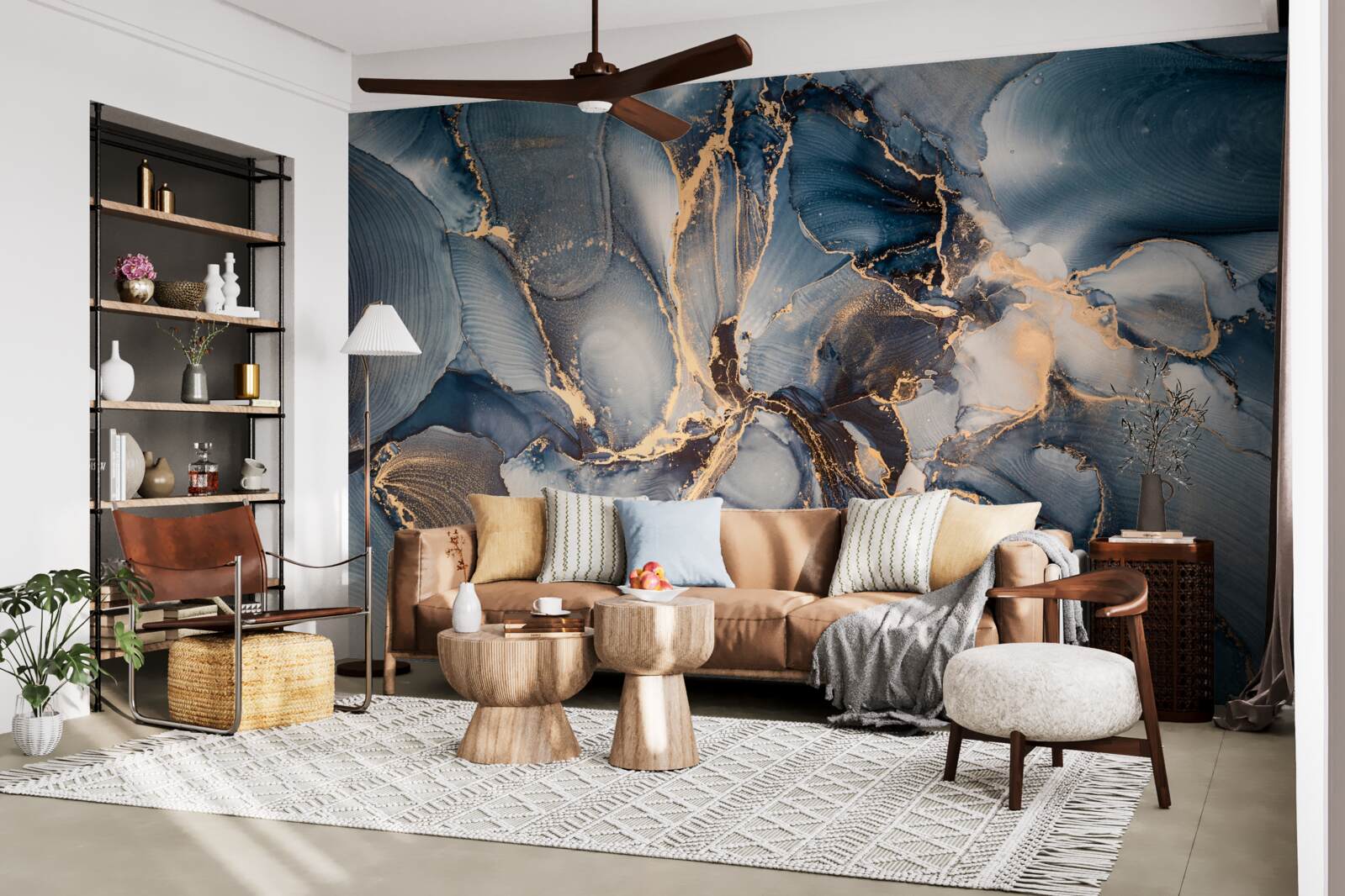 Fototapeta mramor v sýtych odtieňoch modrej a zlatej