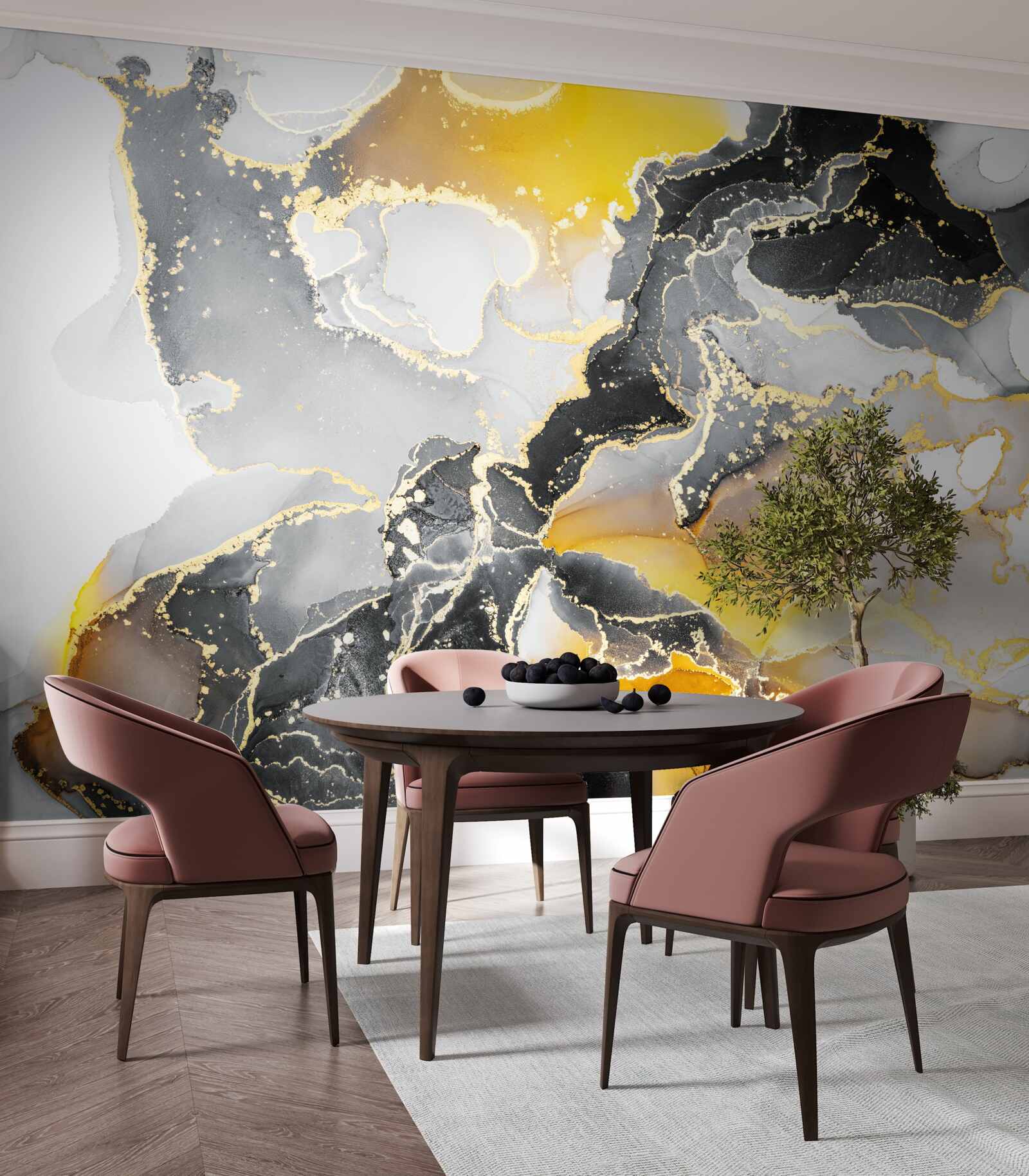 Fototapeta tmavý a zlatý vzor na sivom mramore