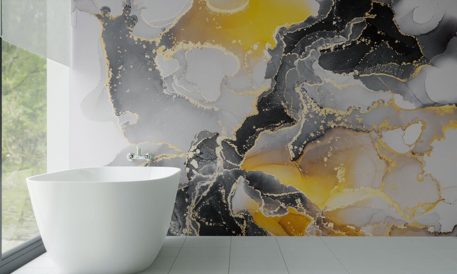 Fototapeta tmavý a zlatý vzor na sivom mramore