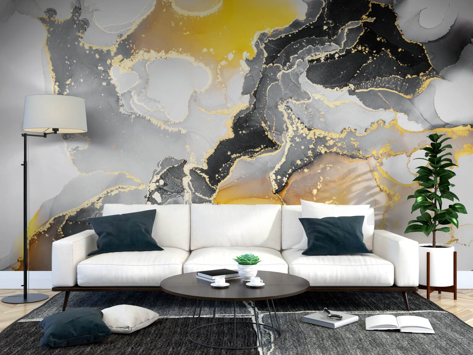 Fototapeta tmavý a zlatý vzor na sivom mramore