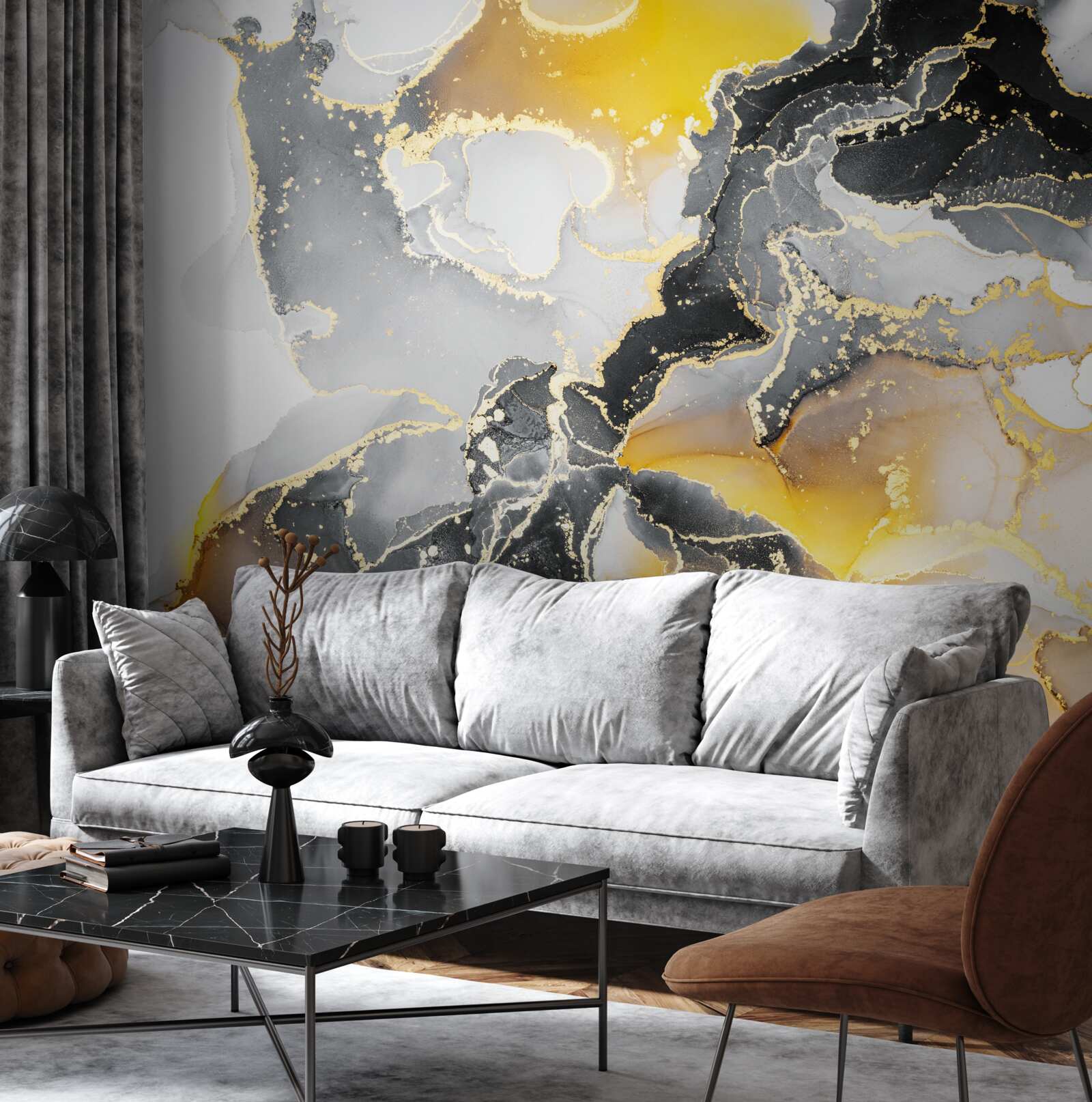 Fototapeta tmavý a zlatý vzor na sivom mramore